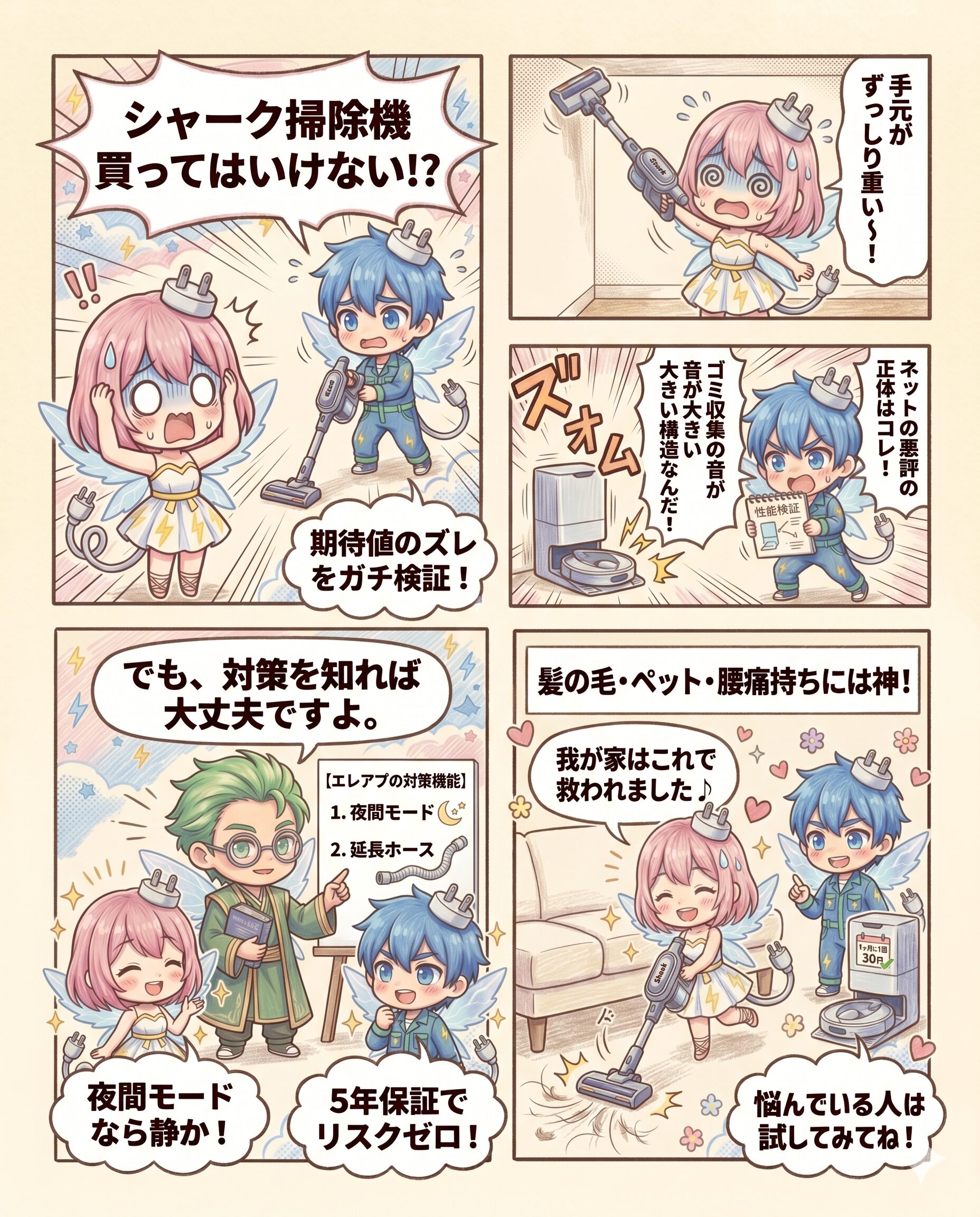 シャーク（Shark）の掃除機は買ってはいけないのか、ネットの悪評やデメリットとされる『手元の重さ』や『自動ゴミ収集ドックの音が大きい』という不満の正体をガチ検証した4コマ漫画風の図解。夜間モードの活用や延長ホース、5年保証といったエレアプ流の具体的な対策を提示しています。デメリットの対策を知れば、髪の毛やペットの毛の掃除、腰痛持ちに悩む子育て家庭にとって『我が家が救われた神家電』になるという検証結果を示したエレアプ生活のコンテンツです。