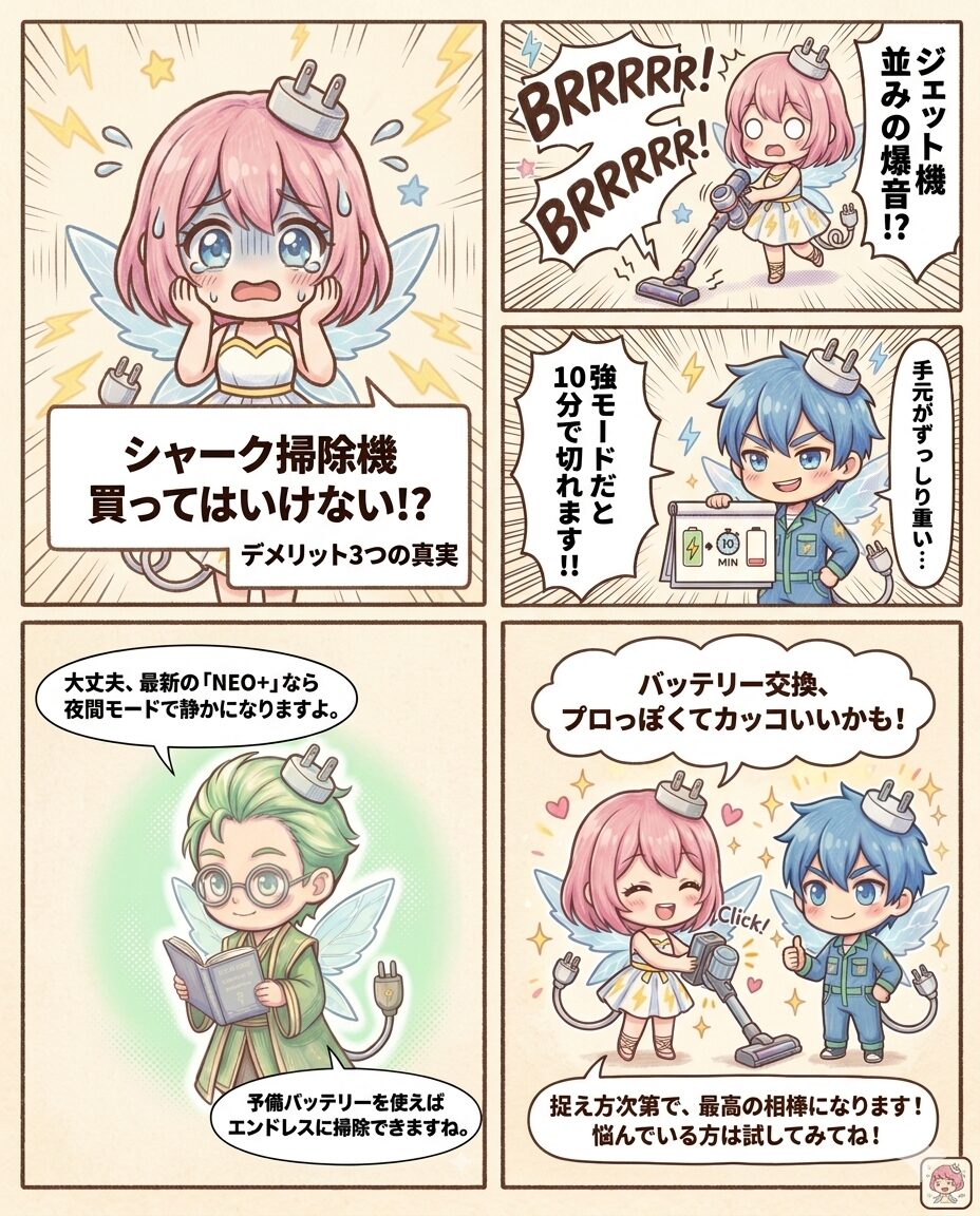 シャーク（Shark）の掃除機は買ってはいけないのか、音の大きさ・手元の重さ・強モードで10分というバッテリー寿命の『3つのデメリット』の真実を検証した図解。最新モデル『NEO+』の夜間モードや予備バッテリーの活用といった解決策を提示し、捉え方次第で子育て世帯の最高の相棒になるというエレアプ生活の結論をまとめています。