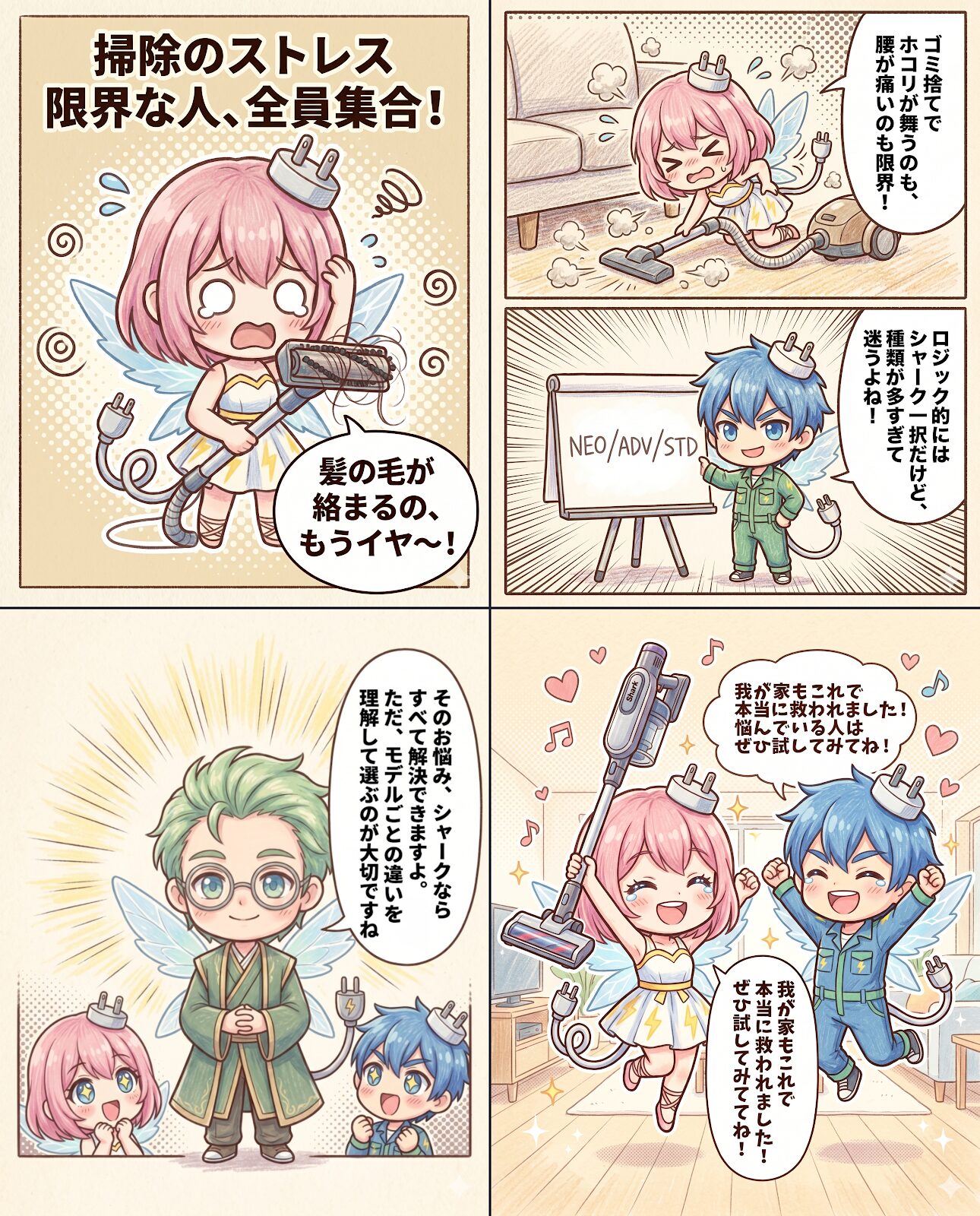 掃除のブラシへの髪の毛の絡まり、ゴミ捨て時のホコリの舞い散り、掃除中の腰痛に悩む人に向けて、シャーク（Shark）の掃除機でストレスを解決する方法を解説した4コマ漫画風の図解。NEO、ADV、STDなど種類が多くて選び方に迷うユーザーに対し、モデルごとの違いを理解して最適な1台を選ぶ重要性を説き、家事負担が激減して救われる未来を示すエレアプ生活のコンテンツです。