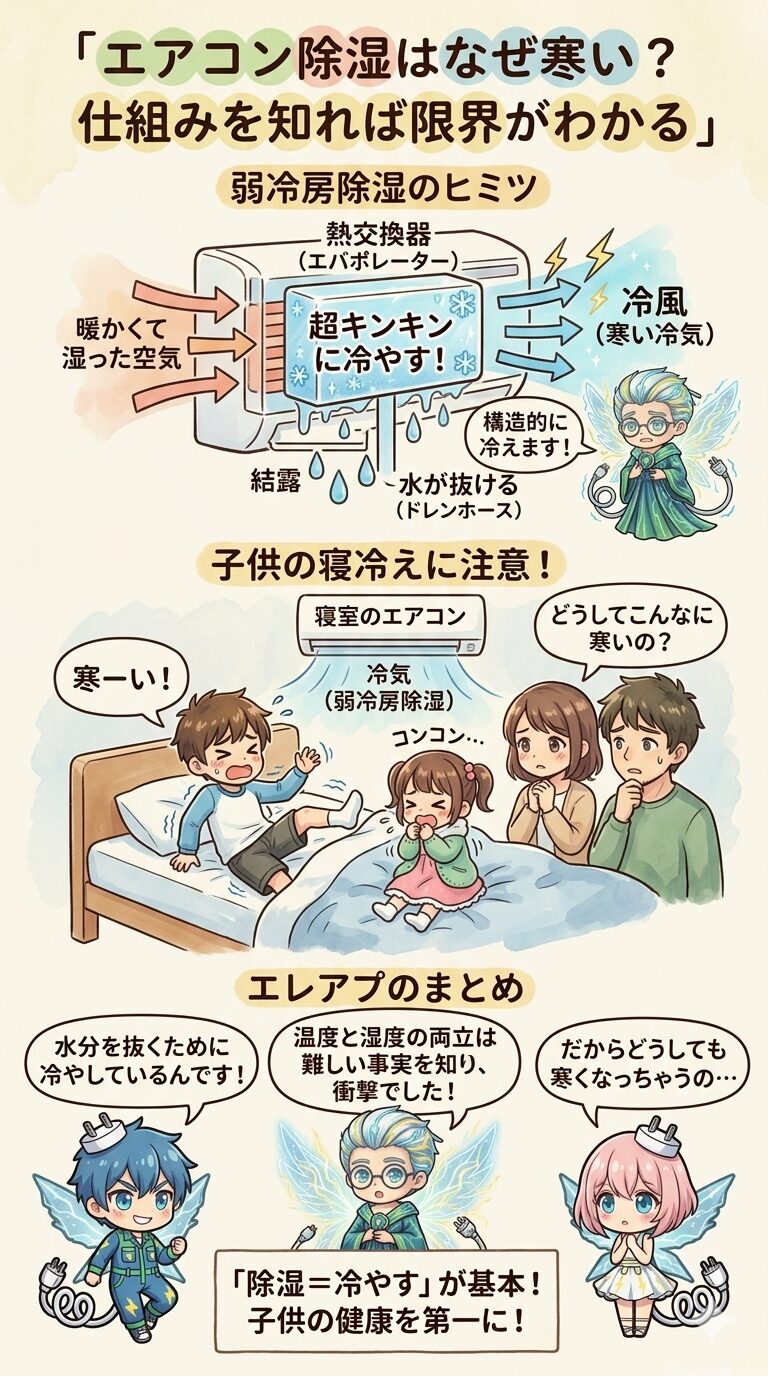 『エアコン除湿はなぜ寒い？』という疑問に対し、弱冷房除湿で空気が冷やされる仕組みと、就寝中の子供の寝冷えリスクについて、家族やキャラクターのイラストを交えて解説した図解