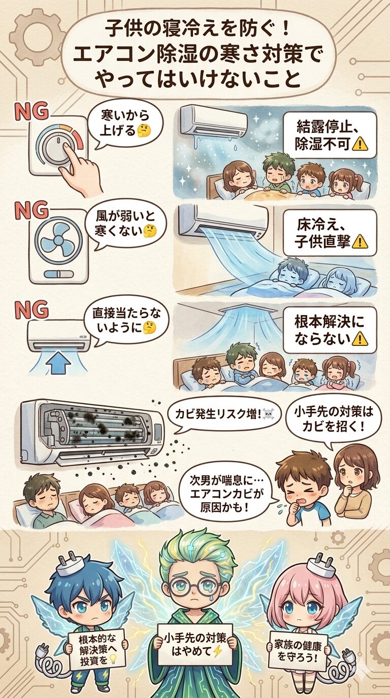 子供の寝冷えを防ぐための『エアコン除湿の寒さ対策でやってはいけない3つのNG行動（設定温度を上げる・風量を弱める・風向きを変える）』と、小手先の対策が招くエアコン内部のカビ発生リスクについて警告した図解