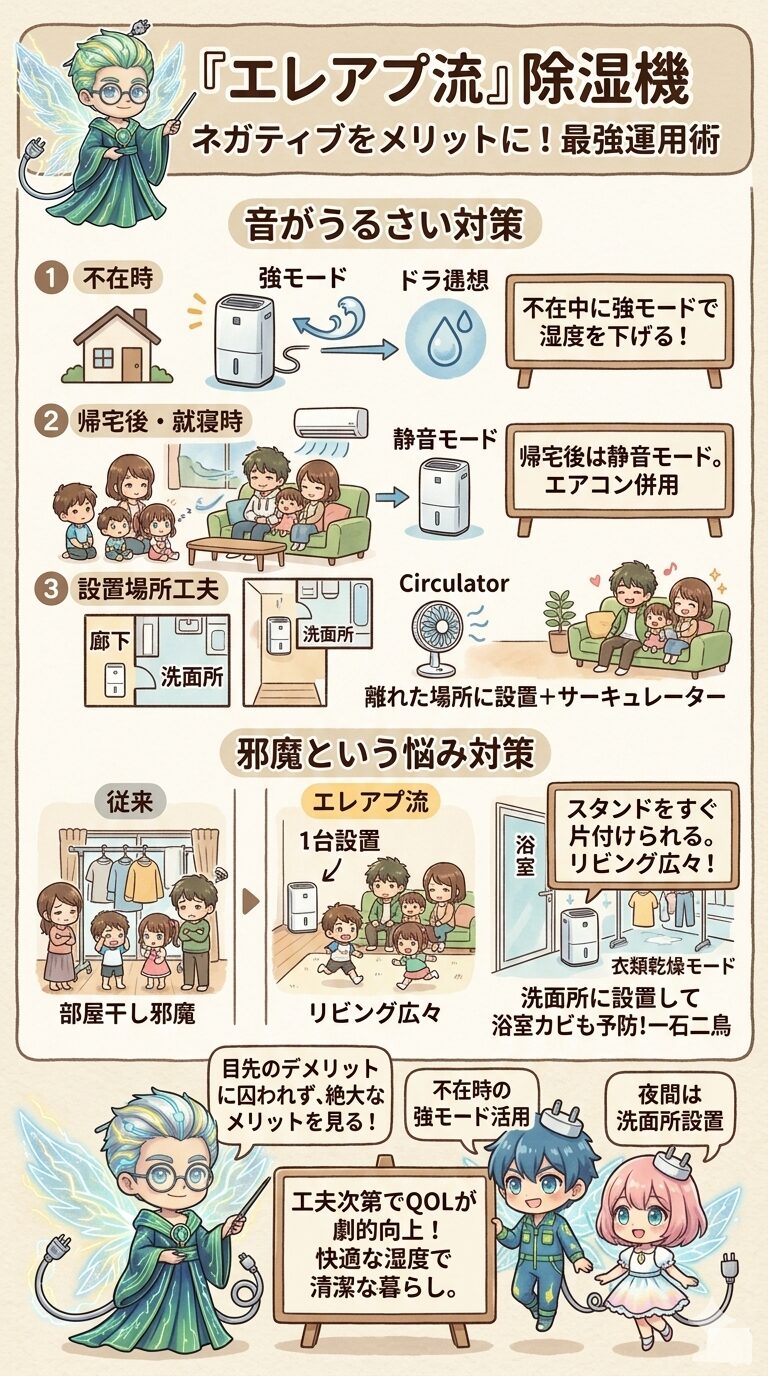 除湿機の『音がうるさい』『部屋干しで邪魔になる』といったネガティブな悩みをメリットに変える『エレアプ流』の最強運用術として、不在時と在宅時のモードの使い分けや、洗面所を活用した対策を解説した図解
