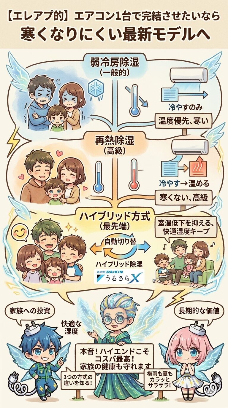 エアコン1台で快適な除湿を完結させたい人向けに、一般的な『弱冷房除湿』、寒くなりにくい『再熱除湿』、最先端の『ハイブリッド方式』の3つの違いを比較し、家族の健康を守るハイエンドモデルの魅力を解説した図解