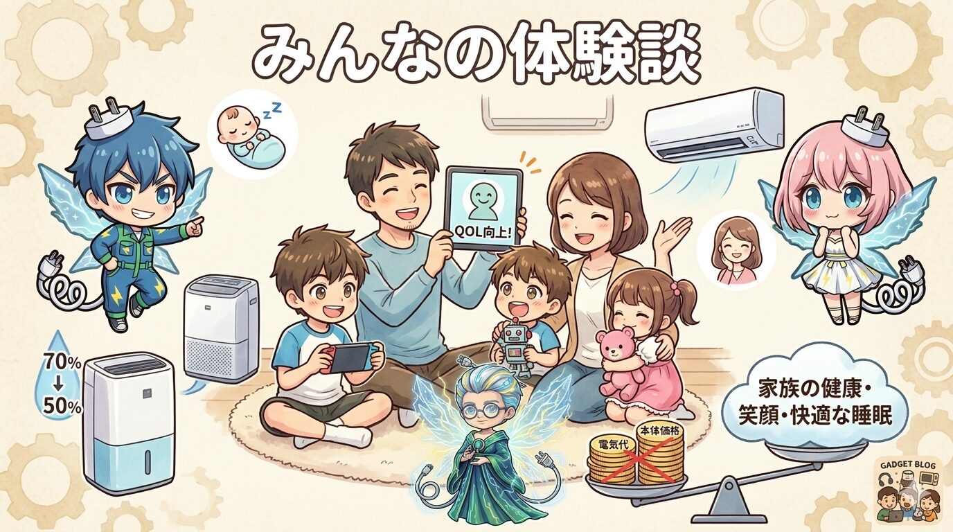 エアコンや除湿機を導入した『みんなの体験談』として、湿度が下がりQOLが向上したと喜ぶ5人家族の姿と、電気代などの目先のコスト以上に『家族の健康や快適な睡眠』の価値が高いことを天秤で表した図解