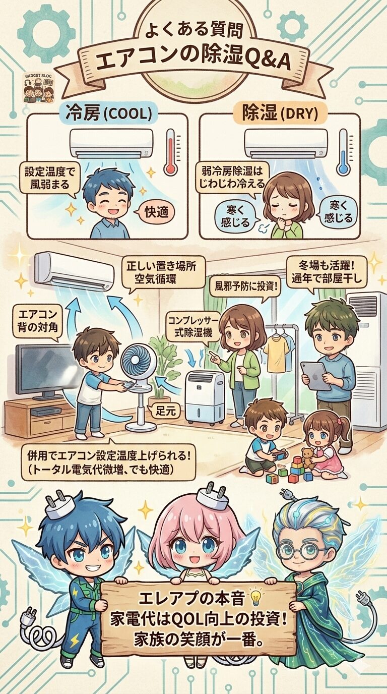 エアコンの除湿に関するよくある質問（Q&A）として、冷房との冷え方の違いや、除湿機・サーキュレーターを併用して空気循環を良くする正しい配置場所、そして家電代はQOL向上の投資であるというメッセージをまとめた図解