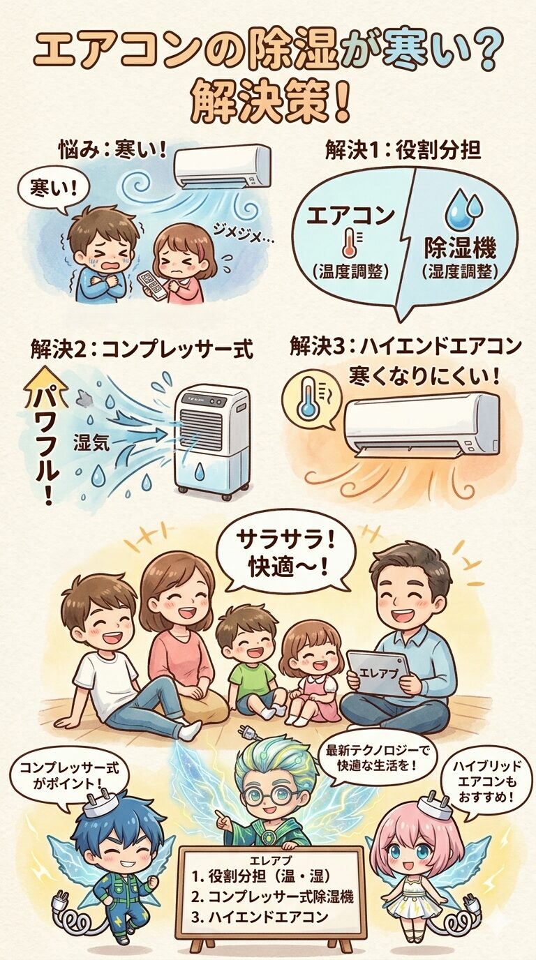 『エアコンの除湿が寒い？』という悩みの解決策として、除湿機との役割分担、コンプレッサー式除湿機の活用、寒くなりにくいハイエンドエアコンの導入という3つのポイントを、快適に過ごす5人家族のイラストと共に振り返るまとめ図解
