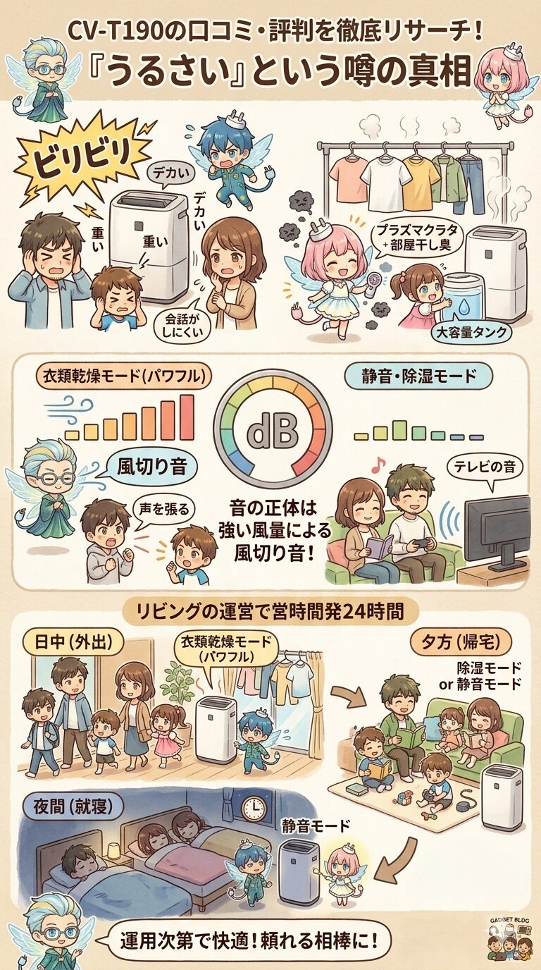 『シャープCV-T190はうるさい』という口コミの真相について、音の原因が衣類乾燥モードの強い風切り音であることを解説し、外出時や就寝時などライフスタイルに合わせてモードを使い分ける24時間の快適な運用術をまとめた図解