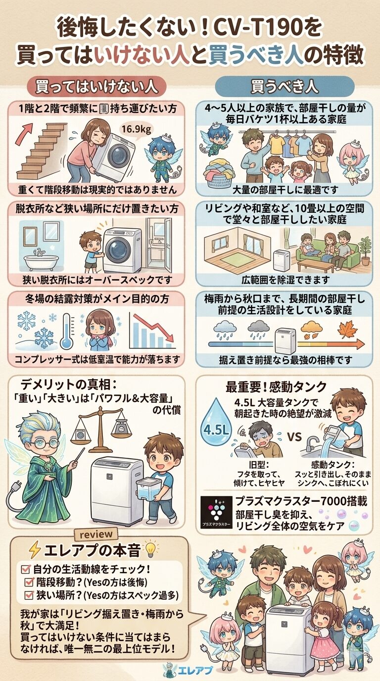 シャープの除湿機CV-T190を買ってはいけない人と買うべき人の特徴として、階段での持ち運びや設置場所に関する注意点と、5人家族のリビング部屋干しに最適な理由を比較し、大容量タンクの魅力や後悔しない選び方をまとめた図解