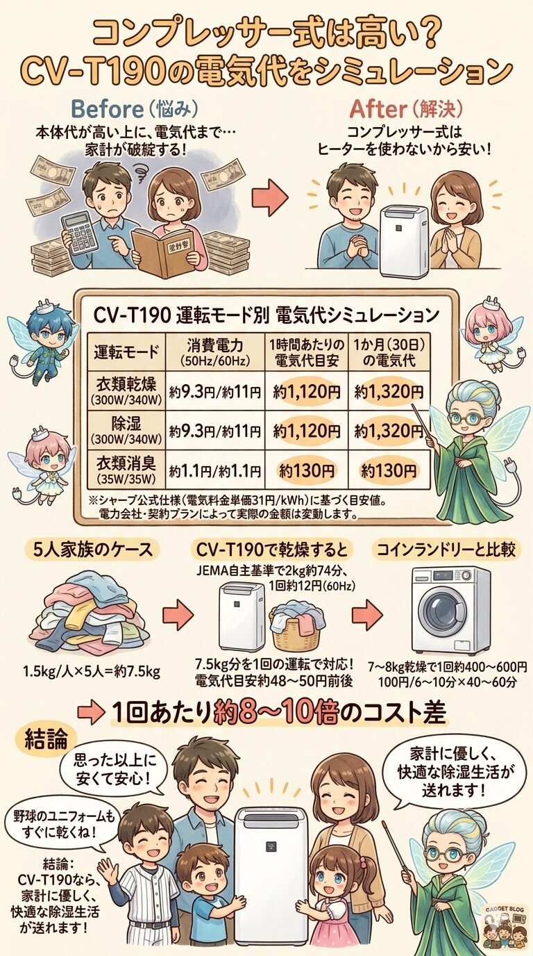 シャープCV-T190の電気代シミュレーション。コンプレッサー式はヒーターを使わないため安いという解説や、5人家族の洗濯物量をコインランドリーと比較し、1回あたり約8〜10倍のコスト差で家計に優しいことを証明した図解