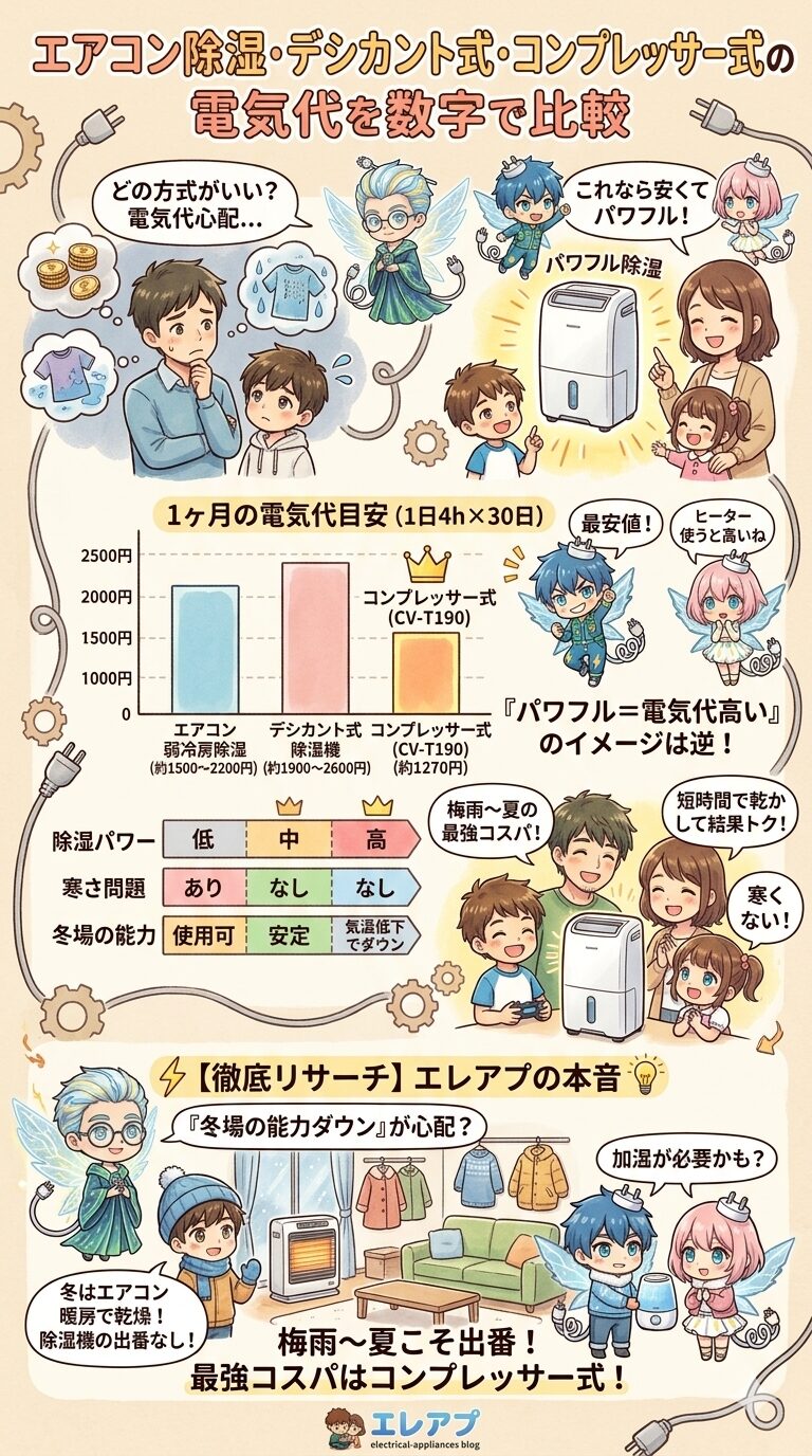 エアコン除湿・デシカント式・コンプレッサー式の電気代を数字で比較し、パワフルなコンプレッサー式（CV-T190）が実は一番安くてコスパが良いという結果や、冬場の能力低下に対する不安への回答をまとめた図解