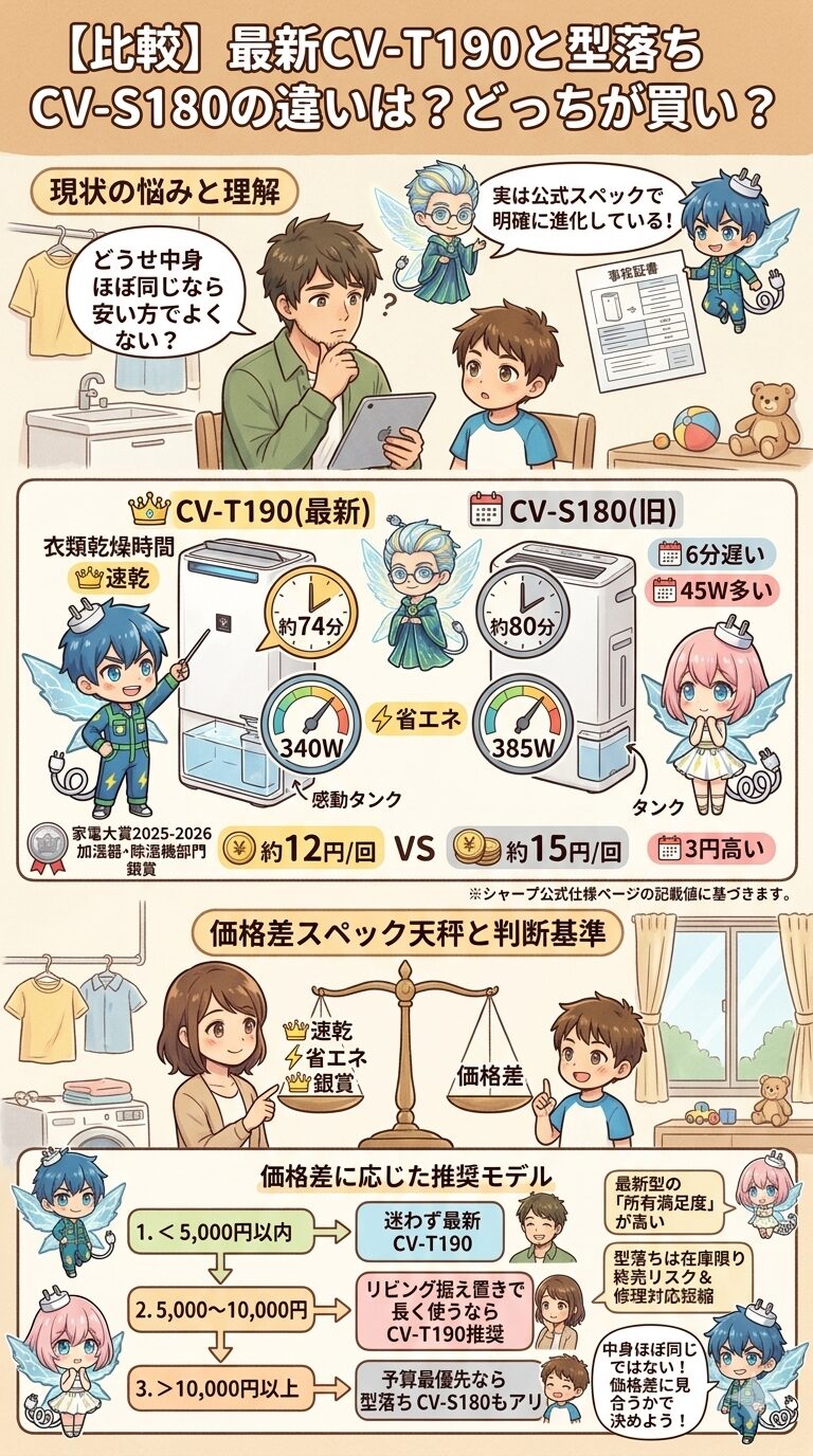 最新除湿機CV-T190と型落ちCV-S180の違いを比較し、衣類乾燥時間や省エネ性能が明確に進化していることを解説。中身は同じという誤解を解き、現在の価格差に応じた『どっちが買いか』の具体的な判断基準をまとめた図解