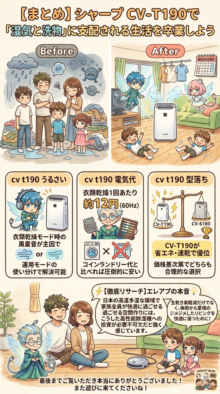 シャープCV-T190レビューの【まとめ】として、湿気と洗濯物に支配される生活からの解放を描いたビフォーアフターと、『うるさい』『電気代』『型落ち比較』といった読者の悩みを総括し、家族全員が快適に過ごすための不可欠な投資であることを伝える図解