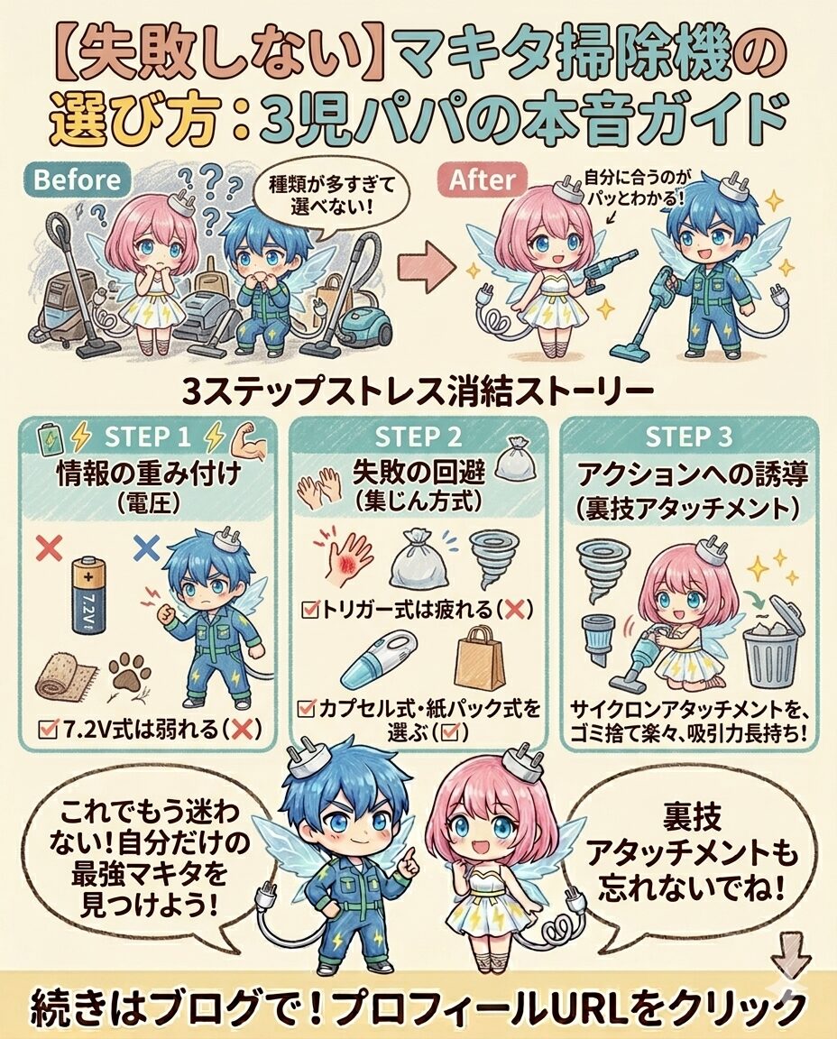 種類が多すぎて選べない悩みを解決する、3児パパの本音を交えた『失敗しないマキタ掃除機の選び方』図解ガイド。STEP1の電圧選び（7.2Vは避ける）、STEP2の集じん方式（疲れるトリガー式を避け、カプセル式・紙パック式を推奨）、STEP3の裏技（ゴミ捨てが楽になり吸引力が長持ちするサイクロンアタッチメント）の3ステップで、自分にピッタリの1台が見つかる独自のノウハウを解説。家事のタイパと家族のQOL向上に直結する実践的な内容です。