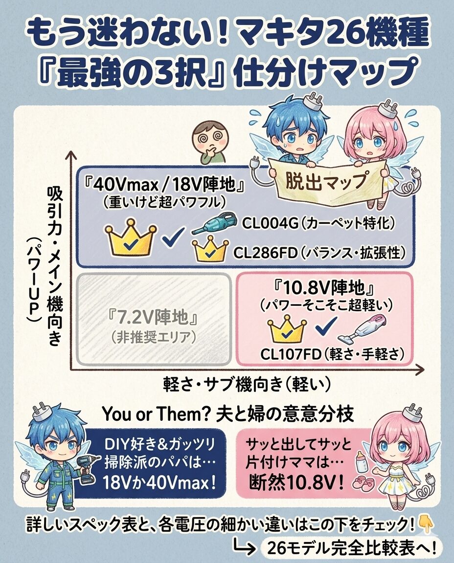 マキタ掃除機全26機種から絶対に迷わない『最強の3択』に絞り込んだ独自の選び方仕分けマップ図解。縦軸に吸引力（メイン機向き）、横軸に軽さ（サブ機向き）を取り、非推奨の7.2Vモデルを除外。ガッツリ掃除したいパパには超パワフルな40Vmax・18V陣地の『CL004G』や『CL286FD』、サッと手軽に掃除したいママには超軽量10.8V陣地の『CL107FD』と、夫婦のライフスタイルや求めるQOLに合わせて最適な1台が直感的に分かる比較マトリクスです。
