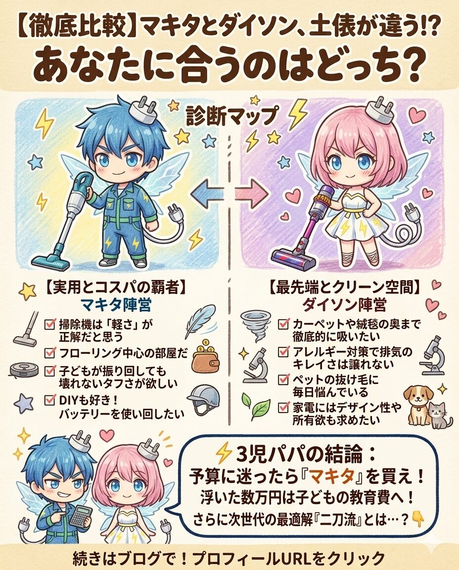 マキタとダイソン、どっちを買うべきか迷う方に向けた徹底比較・診断マップ図解。軽さやフローリング中心の掃除、子どもが雑に扱っても壊れないタフさ、バッテリーの使い回しなど実用性とコスパを重視するなら『マキタ陣営』。絨毯の奥のゴミやペットの毛、アレルギー対策のキレイな排気やデザイン性を重視するなら『ダイソン陣営』がおすすめ。3児パパ独自の結論として、予算に迷ったらマキタを選んで浮いた数万円を子どもの教育費に回すという家計とQOLに寄り添った選び方や、次世代の最適解である『二刀流』の存在を提示しています。