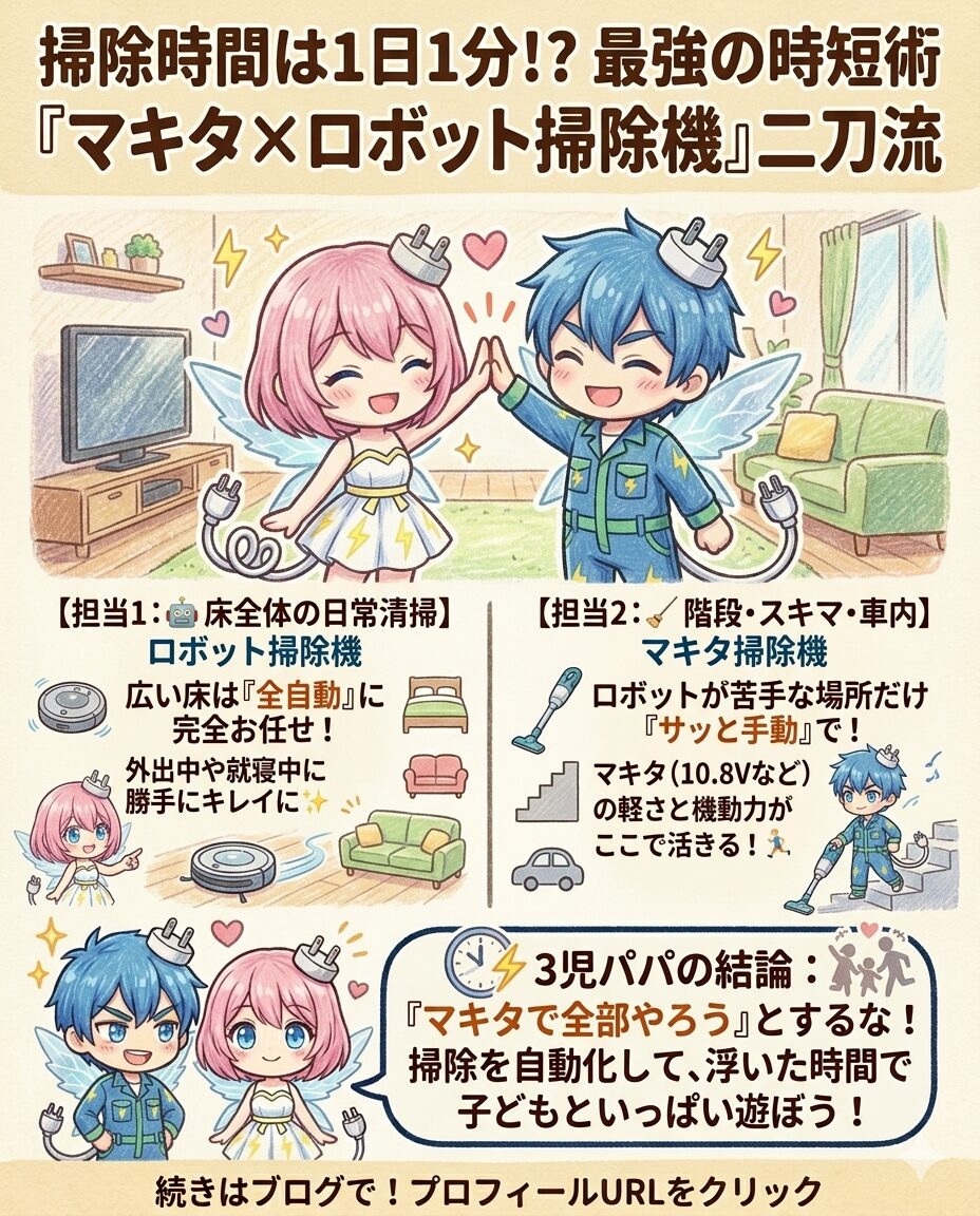 掃除時間を1日1分に短縮する最強の時短術『マキタ×ロボット掃除機』の二刀流（併用）を解説した図解。広い床の日常清掃はロボット掃除機に外出中や就寝中に全自動でお任せし、ロボットが苦手な階段やスキマ、車内だけを軽くて機動力のあるマキタ（10.8Vなど）でサッと手動掃除する効率的な役割分担を紹介しています。『マキタで全部やろうとせず、掃除を自動化して浮いた時間で子どもと遊ぶ』という3児パパ独自の結論で、子育て世代のタイパとQOLを劇的に向上させる究極の運用方法です。