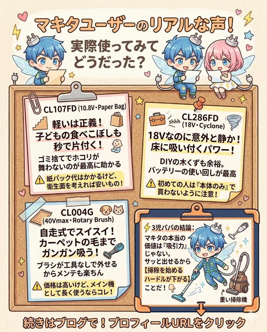マキタ掃除機を実際に使ってみたユーザーのリアルな口コミ・評判まとめ図解。超軽量で子どもの食べこぼしも秒で片付く『CL107FD』、静音性とパワーを両立した『CL286FD』、自走式でカーペットの毛までガンガン吸う『CL004G』のメリットを紹介。さらに、紙パック代のランニングコストや『本体のみ』購入の注意点、価格面などのデメリットも包み隠さずレビューしています。3児パパ独自の結論として、重い掃除機を手放し『サッと出せて掃除を始めるハードルが下がる』ことこそがマキタ最大の価値であり、子育て世代の家事のタイパとQOLを劇的に高める理由だと解説しています。