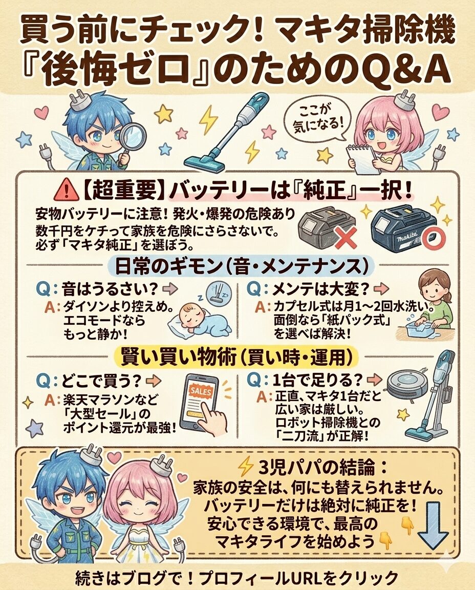 マキタ掃除機を買う前に生じる疑問を解消し、『後悔ゼロ』を実現するためのQ&A図解。最も重要な注意点として、発火や爆発の危険がある安価な互換バッテリーは避け、家族の安全を守るために必ず『マキタ純正』を選ぶよう強く警告しています。その他、ダイソンより控えめな稼働音やメンテナンスの頻度、楽天マラソン等を利用したお得な買い方、ロボット掃除機との併用（二刀流）推奨など、購入前の不安を網羅。3児パパの視点から『家族の安全は何にも代えられない』という結論を提示し、安心で快適なマキタライフによるQOL向上をサポートします。