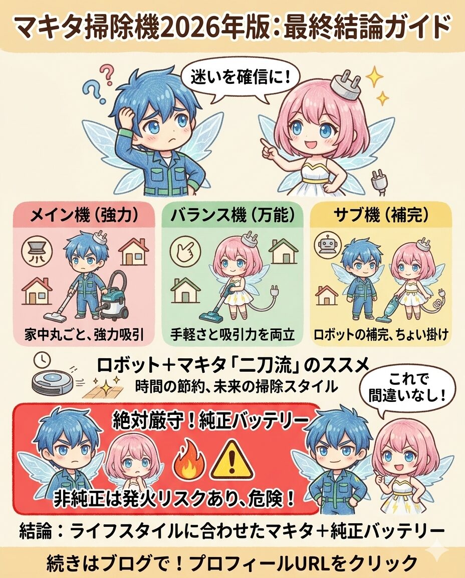 マキタ掃除機選びの迷いを確信に変える『2026年版：最終結論ガイド』のまとめ図解。ライフスタイルに合わせて、家中丸ごと強力吸引の『メイン機』、手軽さとパワーを両立した『バランス機』、ロボット掃除機の補完に最適な『サブ機』の3パターンを提示。さらに、家事の時間を節約しQOLを高める未来の掃除スタイルとしてロボット掃除機との『二刀流』を推奨しています。最後に、発火リスクのある非純正品を避け『絶対厳守！純正バッテリー』を選ぶという安全面での結論もまとめ、子育て世代の後悔しないマキタ選びを完結させます。