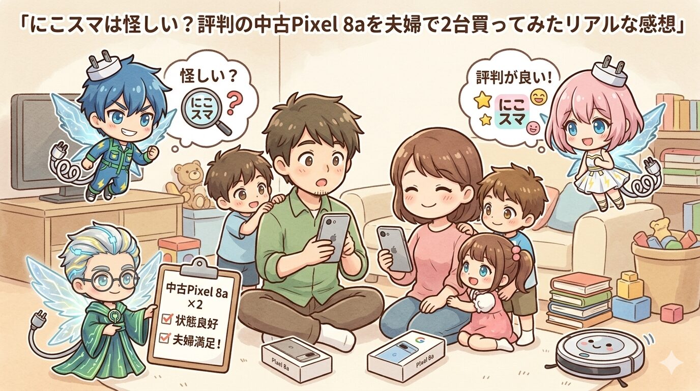 『にこスマは怪しい？評判の中古Pixel 8aを夫婦で2台買ってみたリアルな感想』のタイトルと、リビングで新しいスマホを手にする5人家族に対し、マスコットキャラクターたちが『状態良好で夫婦大満足』という実際の評価や、怪しいという噂の真相を解説しているアイキャッチイラスト