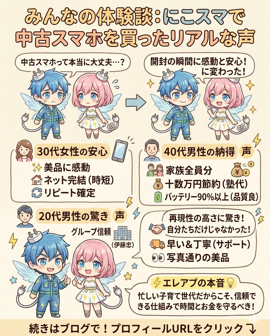 『中古スマホって本当に大丈夫？』という購入前の不安が開封の瞬間に感動へと変わる、にこスマ利用者のリアルな体験談や口コミをまとめた図解。30代女性の『ネット完結で時短』、40代男性の『家族全員分で十数万円を節約し塾代へ』といった生の声を紹介し、美品やバッテリー品質の良さが自分たちだけの特例ではなく高い再現性があることを証明しています。忙しい子育て世代だからこそ、伊藤忠グループの信頼できる仕組みを活用して『時間とお金を守るべき』というエレアプの本音とともに、タイパとコスパの両立を解説しています。