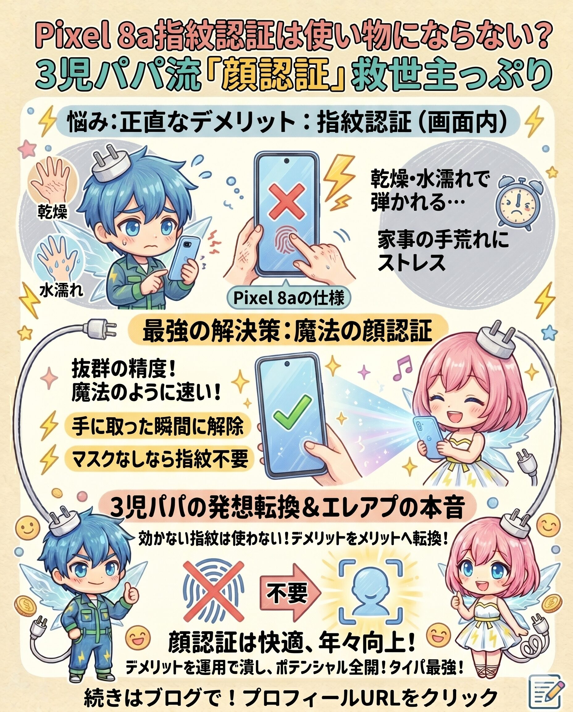 『Pixel 8aの指紋認証は使い物にならない？』という購入前の不安や、家事による手荒れ・水濡れで認証が弾かれるという正直なデメリットに対し、3児のパパが『顔認証』をメインに活用する解決策を提案した図解。効かない指紋認証のストレスを捨て、手に取った瞬間に魔法のように解除される高精度な顔認証に切り替える発想の転換を紹介。デメリットを運用でカバーし、忙しい子育て世代のタイパを最強にする独自のノウハウと本音を分かりやすく解説しています。