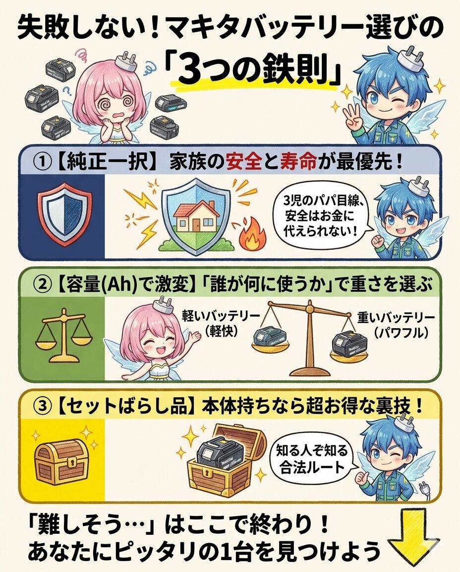 失敗しない！マキタバッテリー選びの『3つの鉄則』をまとめた図解。発火リスクを避けて家族の安全を守る『純正一択』、用途と使う人に合わせて重さを決める『容量（Ah）の選び方』、そしてお得に安く買う裏技『セットばらし品』について解説。種類が多くて難しそうと悩む初心者向けに、3児のパパ目線でピッタリの1台を見つける方法を分かりやすく解説したアイキャッチ画像