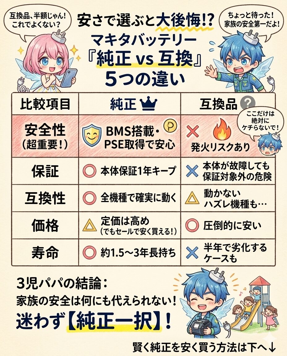 安さで選ぶと大後悔！？マキタバッテリーの『純正品』と『互換品』の5つの違い（安全性・保証・互換性・価格・寿命）を比較した一覧表。半額という安さに釣られて発火リスクや本体故障を招く互換品の危険性を警告し、BMS搭載やPSE取得で安心な純正品のメリットを図解。3児のパパ目線で『家族の安全は何にも代えられないため迷わず純正一択』と結論づけ、賢く純正品を安く買う方法へと読者を誘導するインフォグラフィック