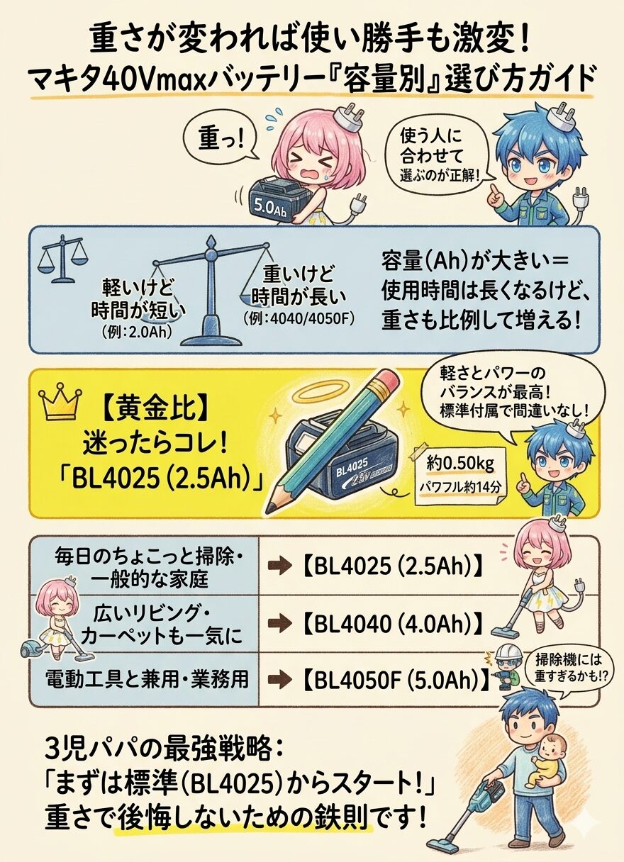 重さが変われば使い勝手も激変！マキタ40Vmaxバッテリー『容量（Ah）別』選び方ガイドの図解。容量が大きくなるほど重くなるデメリットを天秤のイラストで比較し、軽さとパワーのバランスが最高の黄金比として標準付属の『BL4025（2.5Ah）』を推奨。毎日のちょこっと掃除から、広いリビング（BL4040）、電動工具兼用（BL4050F）まで用途と使う人に合わせた最適解を一覧表で解説し、掃除機が重くて家事が億劫になるのを防ぐため、まずは標準からスタートするという3児パパの最強戦略をまとめています。