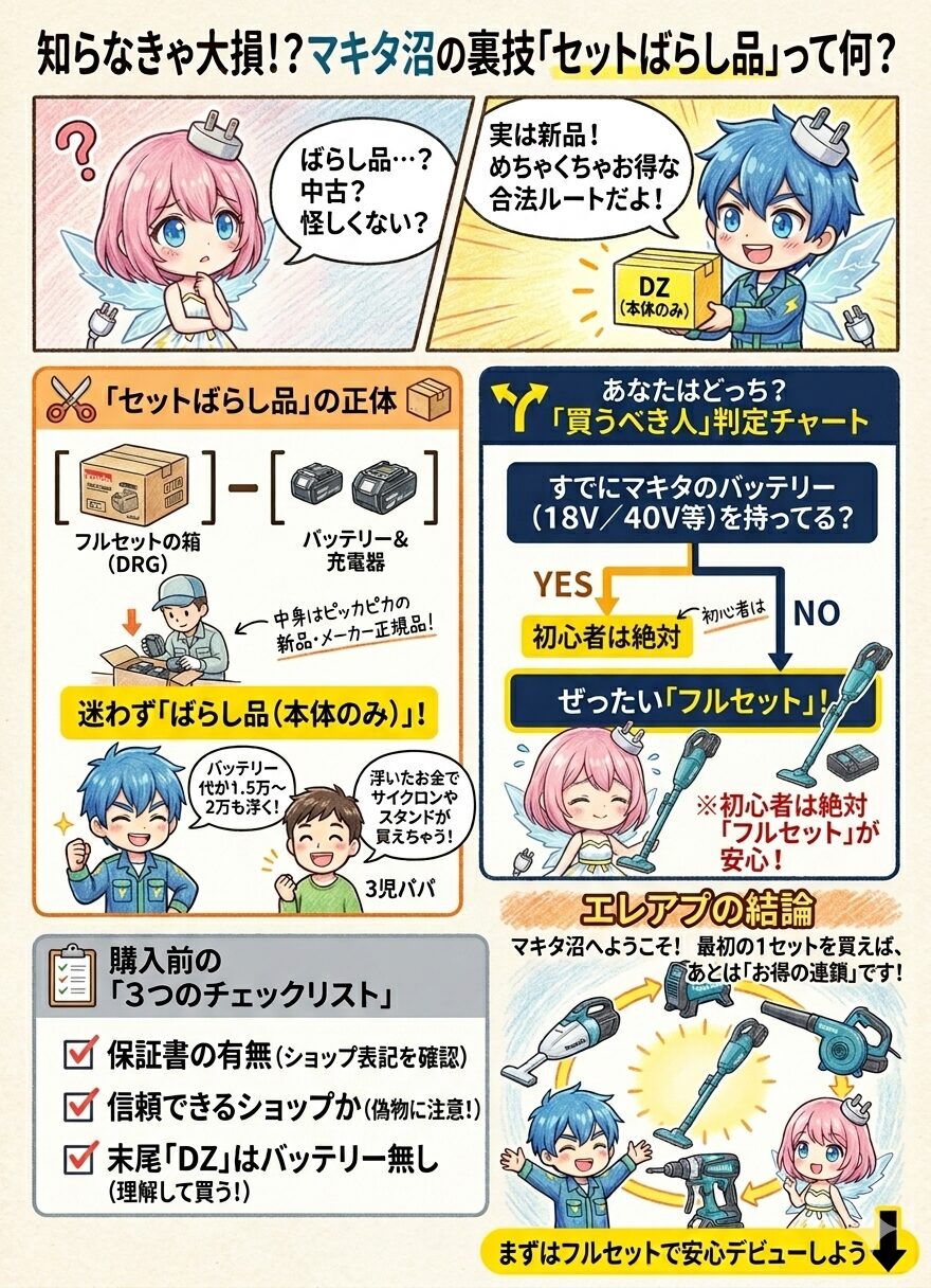 知らなきゃ大損!?マキタ沼の裏技『セットばらし品』の正体と賢い買い方をまとめた図解。フルセットからバッテリー類を抜いた新品（本体のみ/型番DZ）を安く買う方法を解説し、すでにバッテリーを持つ人はばらし品で約2万円節約、初心者は絶対にフルセットを選ぶべきという判定チャートを掲載。保証書や偽物注意など購入前の3つのチェックリストや、最初の1セットを買えばバッテリーを使い回してお得になる『マキタ沼』の魅力を3児のパパ目線で解説したインフォグラフィック