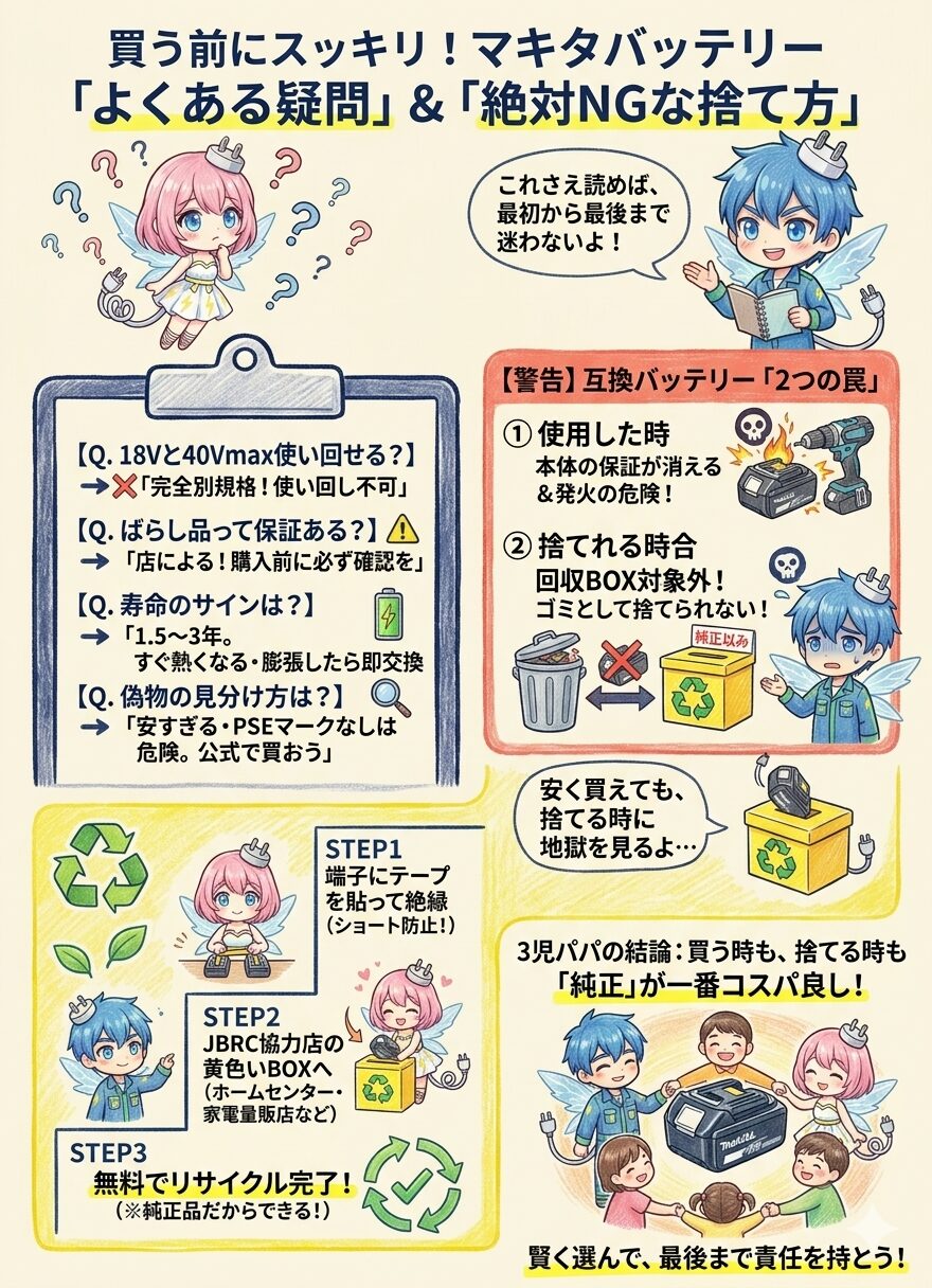 『互換品は自己責任』という言葉のリアルな代償を解説したマキタバッテリーの図解。互換バッテリーの発火による家屋焼失時に損害賠償が自己負担になるリスクや、本体故障時にメーカー保証対象外（修理代が新品代を超える）となる危険性を警告。『目先の数千円をケチって家と家族の命を危険に晒すのは絶対NG』という結論から、純正品を賢く安く買う方法へと読者を導くインフォグラフィック