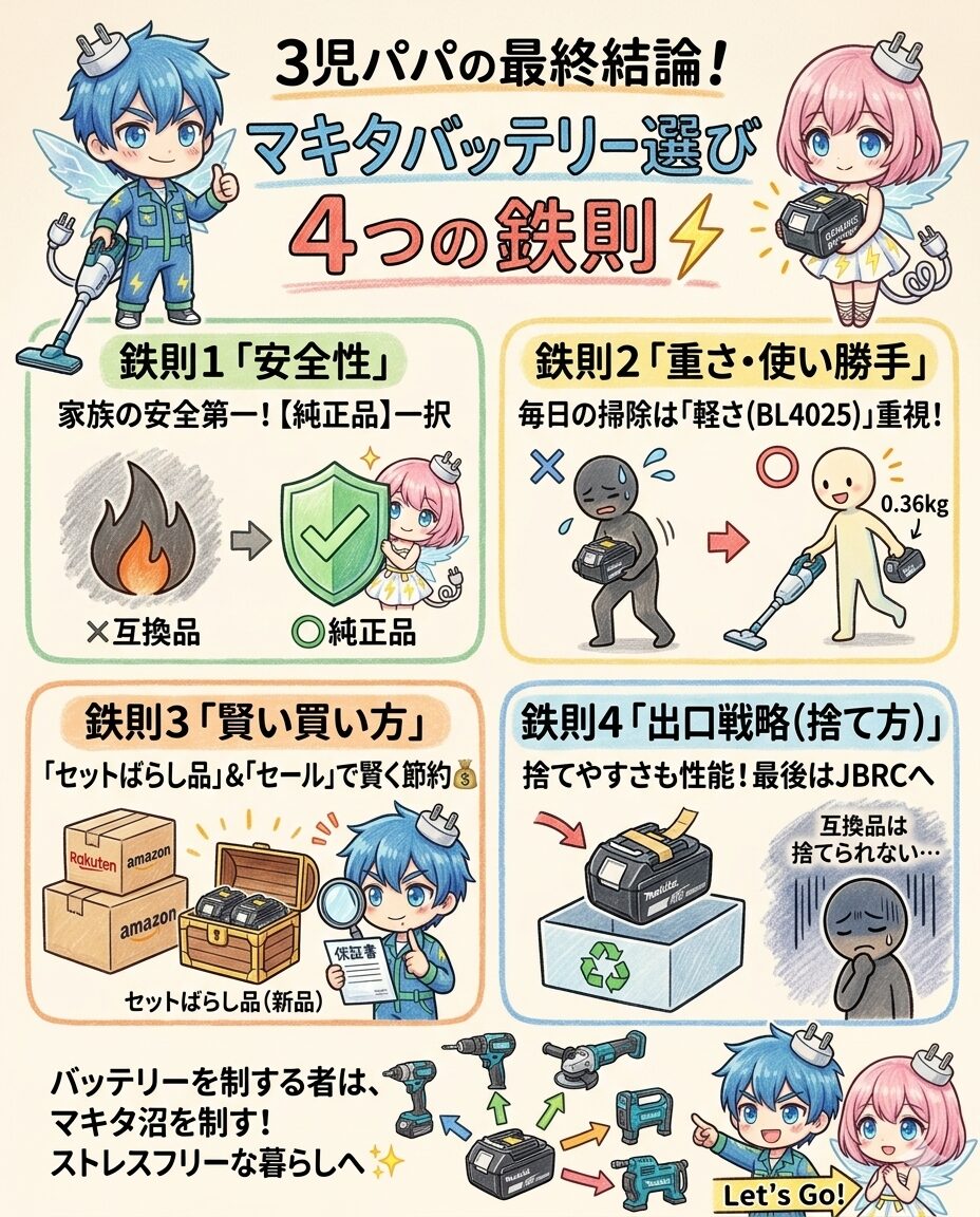 マキタバッテリー徹底レビューの【まとめ】図解。互換品の発火リスクや本体故障に悩まされる後悔（Before）から、純正品を選んで家族全員が安全で快適な生活を送るQOL向上のビフォーアフター（After）を描写。失敗しないための3つの鉄則である『純正一択』『容量（Ah）の選び方』『セットばらし品でお得に買う裏技』を総括し、読者に安心で賢い買い物を促すクロージング画像
