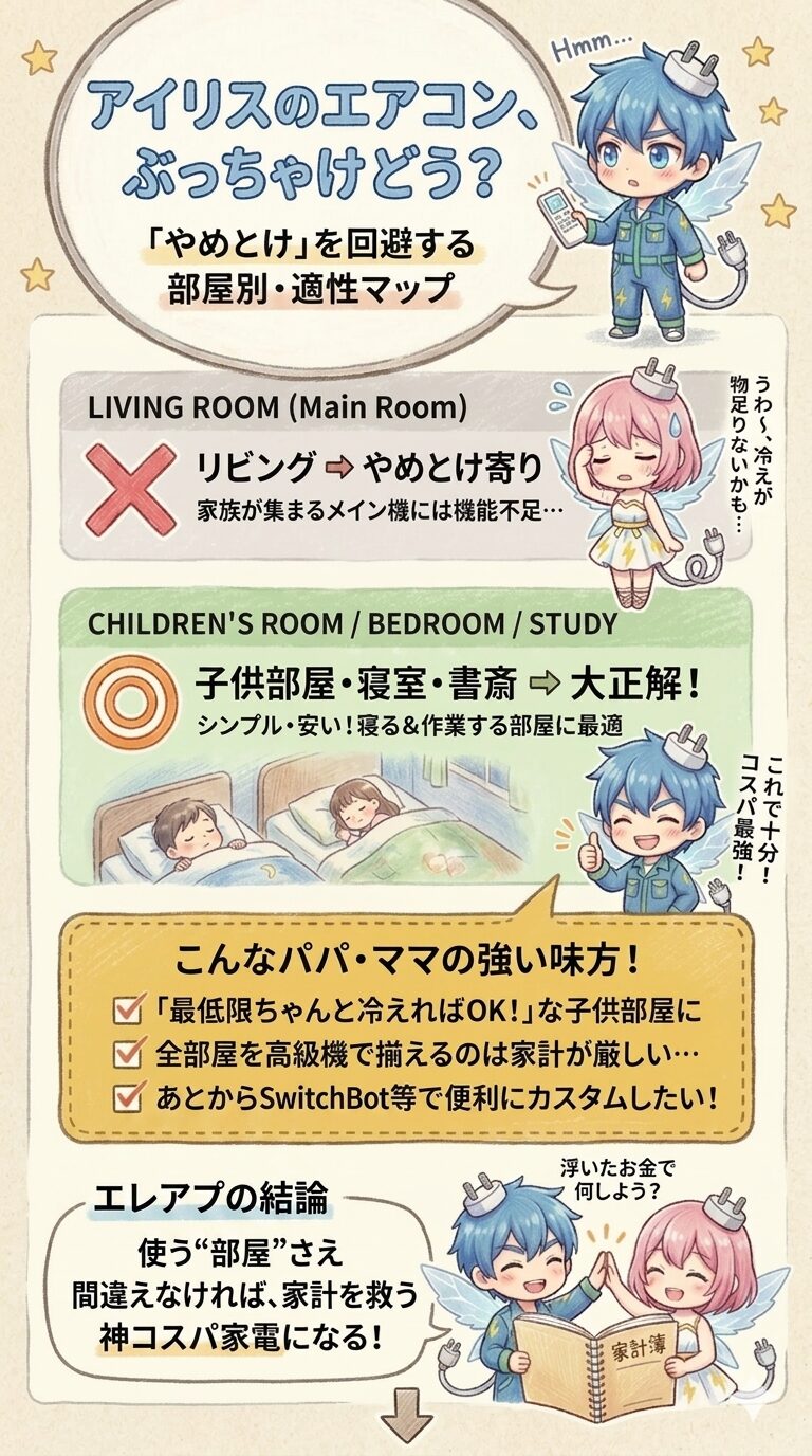 アイリスオーヤマのエアコンの評判や『やめとけ』とされるデメリットを、3児のパパが検証した部屋別適性マップの図解。家族が集まるメインのリビングでは機能不足で後悔するリスクがある一方、子供部屋や寝室、書斎用ならシンプルで安いため大正解。全部屋を高級機で揃えられず家計を抑えたいパパ・ママに向けて、SwitchBot等でのカスタムも提案し、使う部屋を間違えなければ家計を救う神コスパ家電になるというエレアプ生活の結論を示しています。
