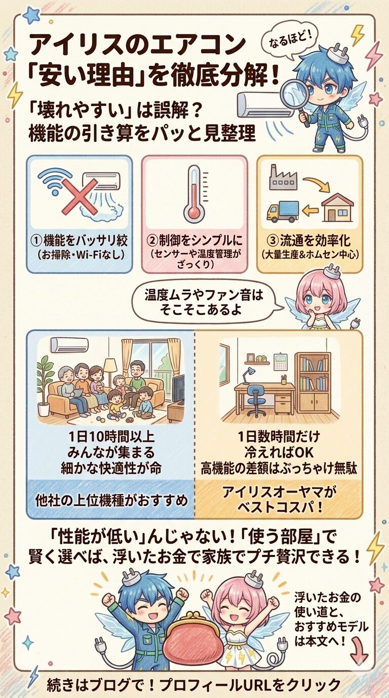 アイリスオーヤマのエアコンが『安い理由』と『壊れやすい』という誤解の真相を徹底分解した図解。安さの理由は、お掃除やWi-Fi機能のカット、シンプルな温度制御、流通の効率化という『機能の引き算』にあります。温度ムラやファン音といったデメリットを補足しつつ、1日10時間以上みんなが集まる部屋には他社の上位機種、1日数時間だけ冷えればOKな部屋にはアイリスオーヤマがベストコスパと解説。『性能が低い』のではなく『使う部屋』で賢く選ぶことで家計を浮かせられるというエレアプ生活の検証結果を示しています。