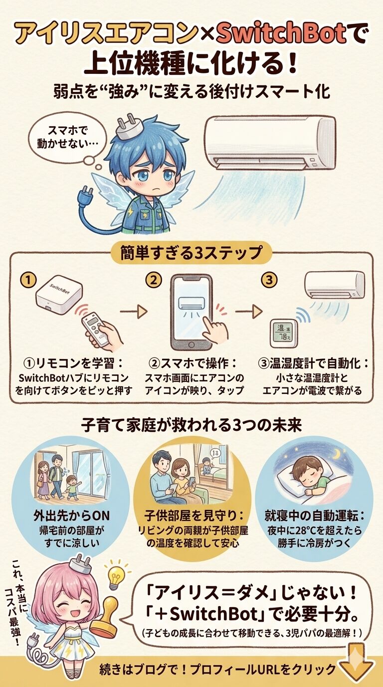 アイリスオーヤマのエアコンにSwitchBot（スマートリモコン）を組み合わせて後付けスマートホーム化し、上位機種並みの利便性へ進化させる方法を解説した図解。ハブへのリモコン学習、スマホ操作、温湿度計との連携による自動化の簡単3ステップを紹介しています。外出先からの遠隔操作、リビングからの子ども部屋の温度見守り、就寝中の自動運転（28℃以上で冷房ON）という子育て家庭が救われる3つのメリットを挙げ、『アイリス＝ダメ』ではなく『＋SwitchBot』がコスパ最強の必要十分な選択肢であるという3児パパの最適解を示しています。