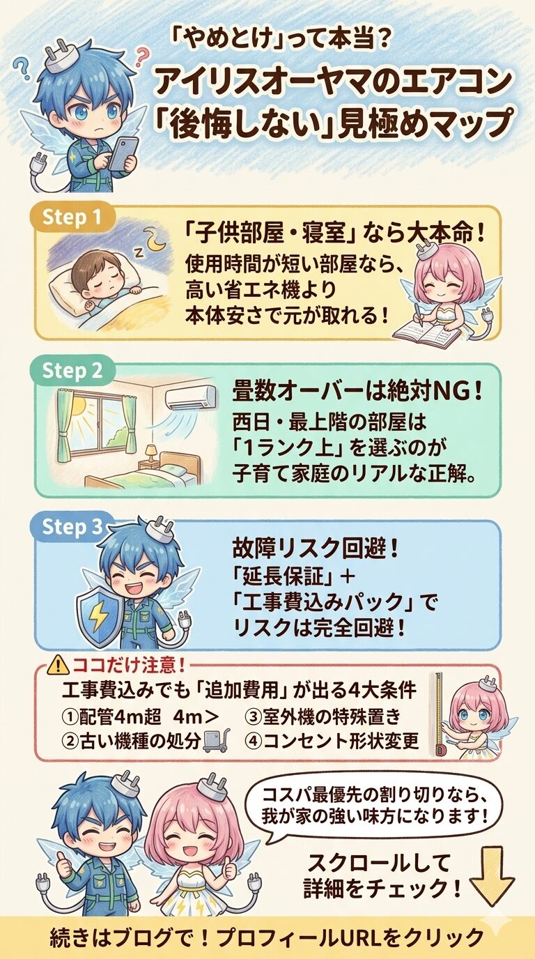 アイリスオーヤマのエアコンで『やめとけ』と後悔しないための見極めマップ図解。使用時間の短い子供部屋・寝室への設置、西日や最上階の部屋での1ランク上の畳数選び、延長保証と工事費込みパックでの故障リスク回避という3ステップの選び方を解説。さらに配管4m超や古い機種の処分、室外機の特殊置き、コンセント形状変更など、工事費込みでも『追加費用』が発生する4大条件の注意点も網羅し、割り切れば子育て家庭の強い味方になるという検証結果を示しています。