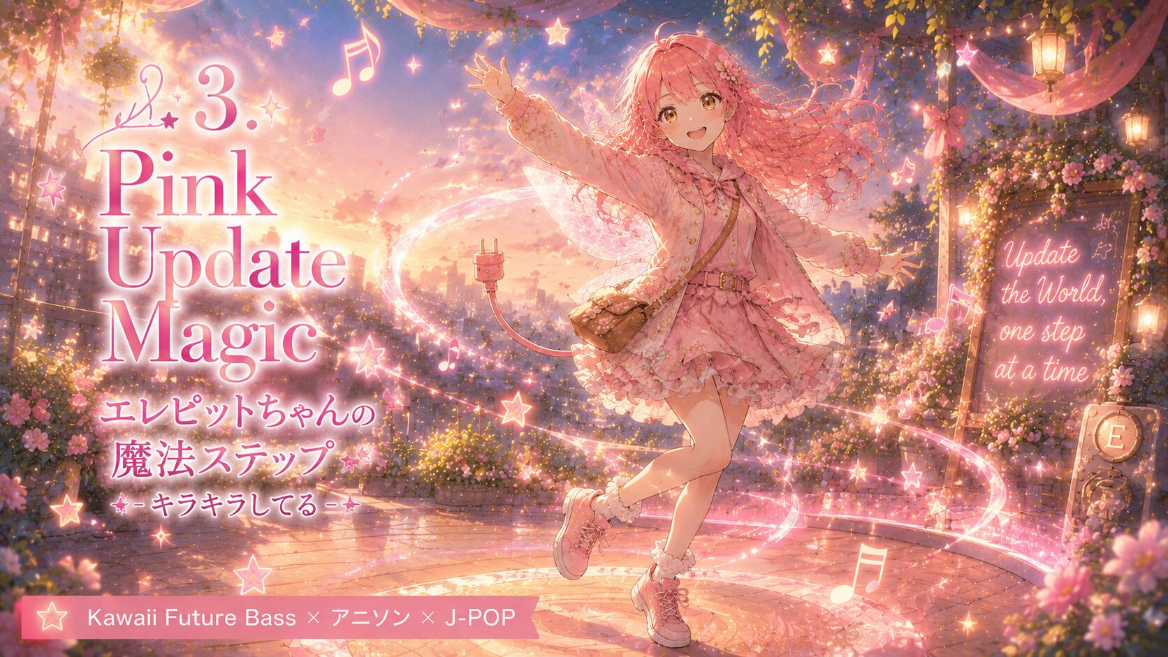 夕暮れの花いっぱいのステージで、ピンク髪の妖精エレピットちゃんが笑顔で魔法のように踊っている、Kawaii Future Bass風の音楽ジャケットイラスト。星や音符、ピンク色の光のリボンが舞う幻想的な空間に、「Pink Update Magic」「エレピットちゃんの魔法ステップ」「キラキラしてる」という文字が配置され、未来へ一歩踏み出すワクワク感ときらめく発見の瞬間を表現している。
