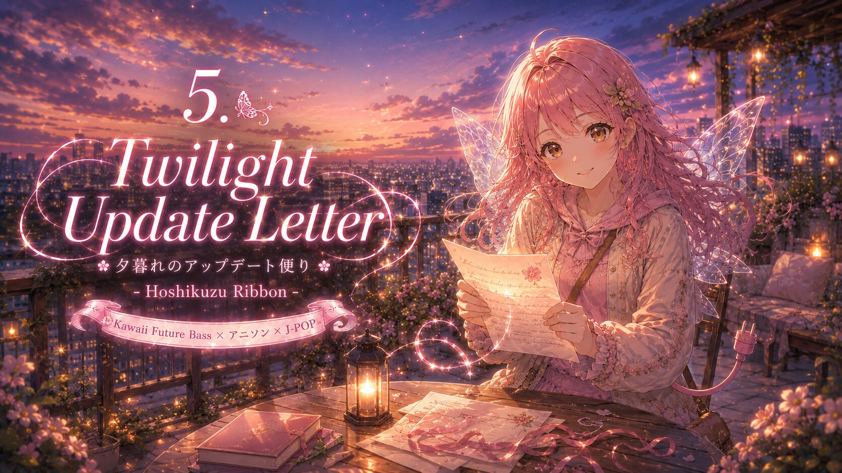 夕暮れの屋上テラスで、ピンク髪の妖精エレピットちゃんが手紙を読んでいるKawaii Future Bass風の音楽ジャケットイラスト。街の夜景と花、ランタン、ピンクの光のリボンに包まれた幻想的な背景に、「Twilight Update Letter」「夕暮れのアップデート便り」「Hoshikuzu Ribbon」という文字が配置され、夕暮れに届く小さなアップデートの便りと、やさしい発見の余韻を表現している。
