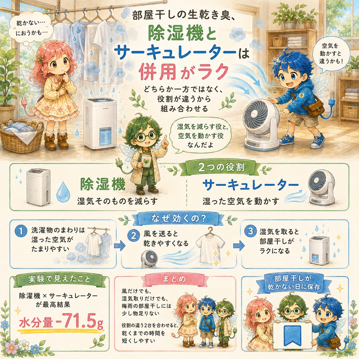 部屋干しの生乾き臭対策として、除湿機とサーキュレーターを併用するとラクになる理由を解説した、絵本風のInstagramインフォグラフィック。エレピットちゃん、エレピットくん、エレアプが洗濯物のそばで、除湿機は湿気を減らし、サーキュレーターは空気を動かす役割があることを説明している。風を送る、湿気を取る、乾きやすくなる流れや、除湿機とサーキュレーターを組み合わせた実験結果が、やさしい水彩タッチで見やすく整理されている。
