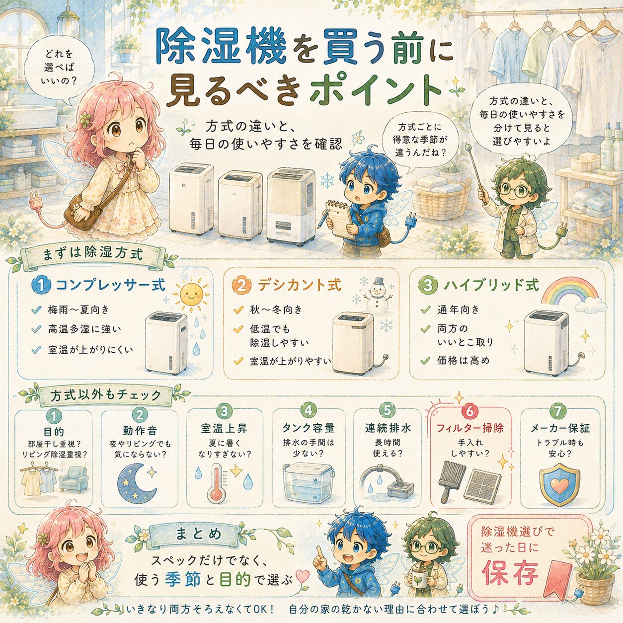 除湿機を買う前に確認したいポイントをまとめた、絵本風のInstagramインフォグラフィック。エレピットちゃん、エレピットくん、エレアプが洗濯物と除湿機の前で、コンプレッサー式、デシカント式、ハイブリッド式の違いや、部屋干し・リビング除湿など目的に合わせた選び方を説明している。動作音、室温上昇、タンク容量、連続排水、フィルター掃除、メーカー保証など、購入前に見るべき項目をやさしい水彩タッチで見やすく整理している。