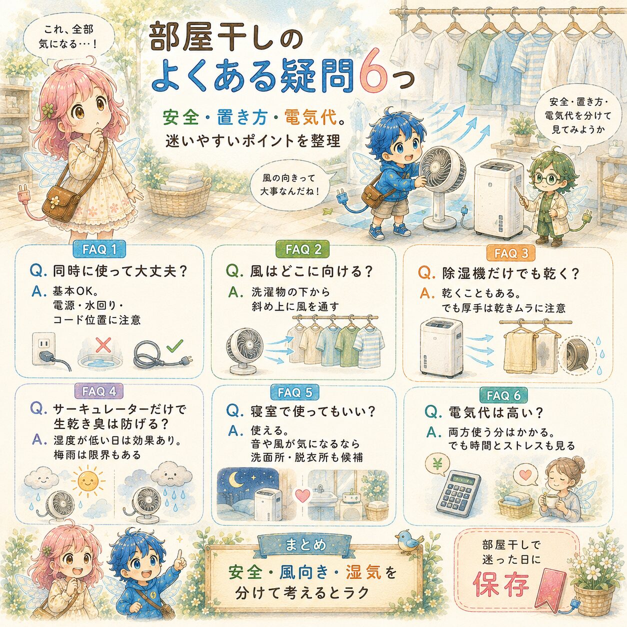 部屋干しでよくある疑問を6つに整理した、絵本風のInstagramインフォグラフィック。エレピットちゃん、エレピットくん、エレアプが洗濯物、除湿機、サーキュレーターの前で、同時に使って大丈夫か、風の向き、除湿機だけで乾くか、生乾き臭を防げるか、寝室で使えるか、電気代は高いかをやさしく解説している。安全、置き方、湿気、風向き、電気代を分けて考えると部屋干しがラクになることを、水彩タッチで見やすくまとめている。