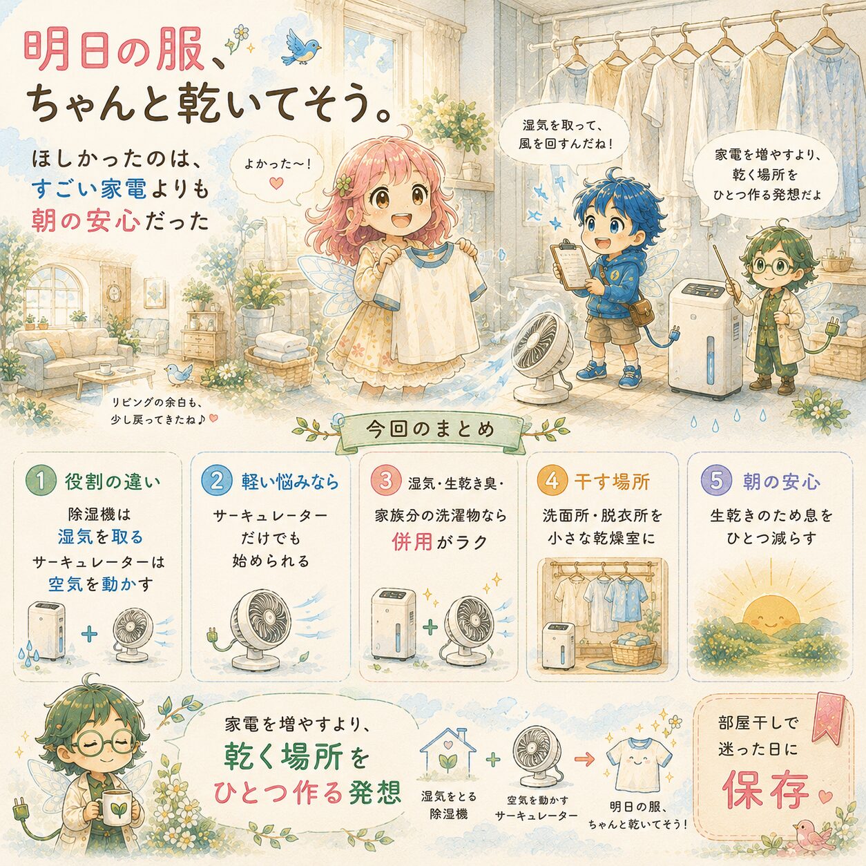 部屋干しでよくある疑問を6つに整理した、絵本風のInstagramインフォグラフィック。エレピットちゃん、エレピットくん、エレアプが洗濯物、除湿機、サーキュレーターの前で、同時に使って大丈夫か、風の向き、除湿機だけで乾くか、生乾き臭を防げるか、寝室で使えるか、電気代は高いかをやさしく解説している。安全、置き方、湿気、風向き、電気代を分けて考えると部屋干しがラクになることを、水彩タッチで見やすくまとめている。