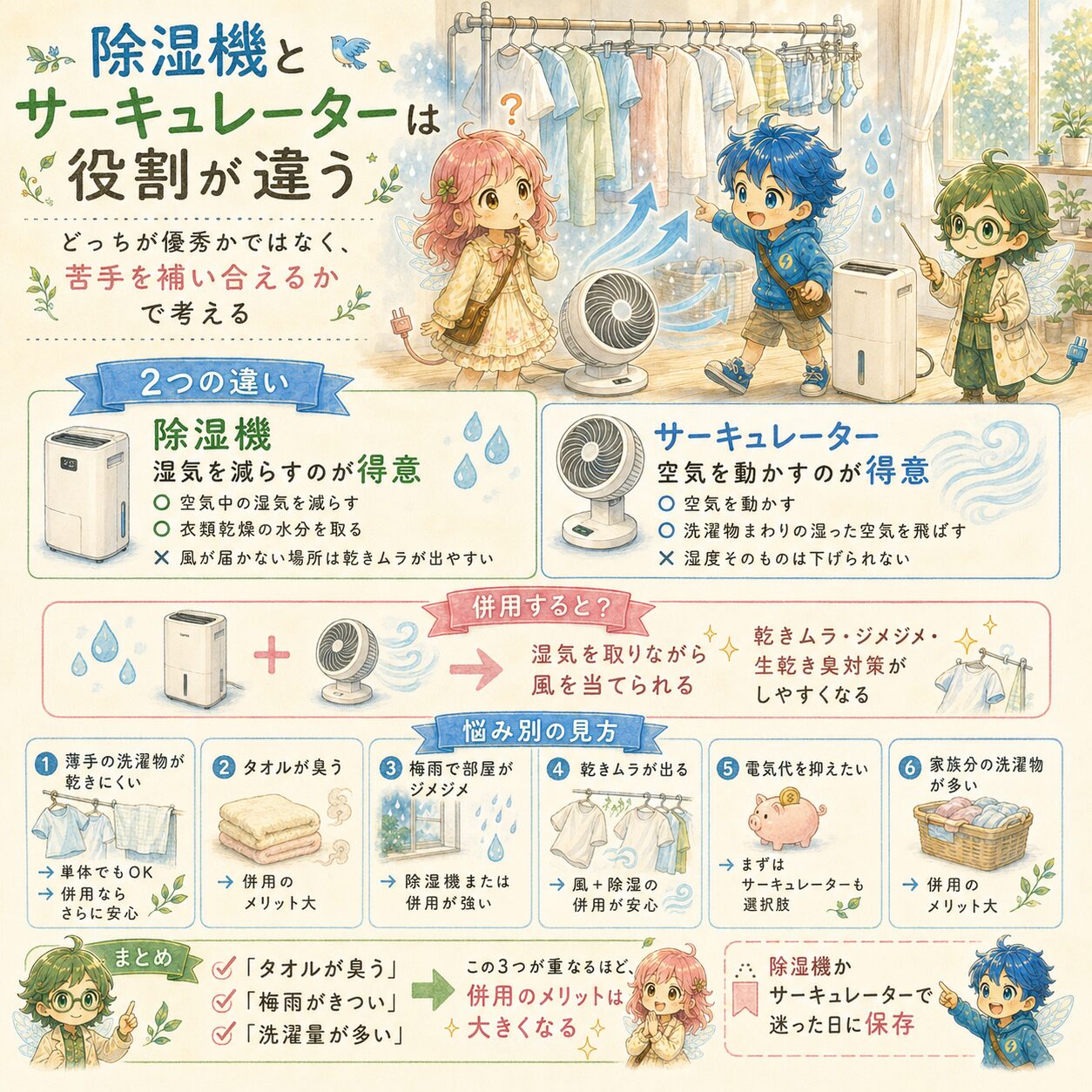 部屋干し対策で除湿機とサーキュレーターの役割の違いを解説した、絵本風のInstagramインフォグラフィック。エレピットちゃん、エレピットくん、エレアプが洗濯物の前で、除湿機は湿気を減らすのが得意、サーキュレーターは空気を動かすのが得意と説明している。併用すると湿気を取りながら風を当てられるため、乾きムラや生乾き臭対策がしやすくなることを、やさしい水彩タッチでわかりやすくまとめている。