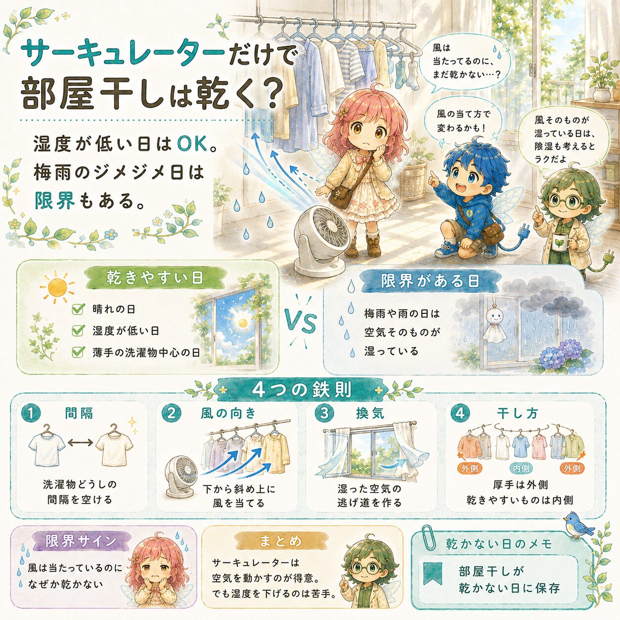 サーキュレーターだけで部屋干しが乾く日と乾きにくい日の違いを解説した、絵本風のInstagramインフォグラフィック。エレピットちゃん、エレピットくん、エレアプが洗濯物とサーキュレーターのそばで、湿度が低い日や晴れの日は乾きやすく、梅雨や雨の日は空気そのものが湿っているため限界があることを説明している。洗濯物の間隔、風の向き、換気、干し方の4つの鉄則や、部屋干しが乾かない日の見直しポイントを、やさしい水彩タッチでわかりやすくまとめている。