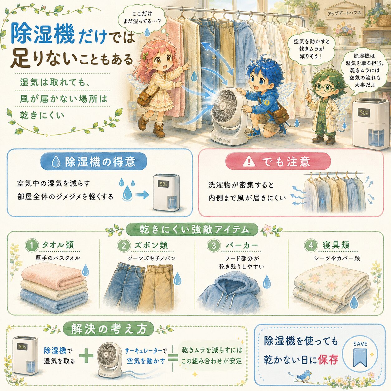 除湿機だけでは部屋干しが乾きにくい理由を解説した、絵本風のInstagramインフォグラフィック。エレピットちゃん、エレピットくん、エレアプが洗濯物の前で、除湿機は湿気を取るのが得意でも、風が届かない場所や洗濯物が密集した場所は乾きムラが出やすいことを説明している。タオル類、ズボン類、パーカー、寝具類など乾きにくい洗濯物の例と、除湿機で湿気を取りながらサーキュレーターで空気を動かす解決方法が、やさしい水彩タッチで見やすくまとめられている。