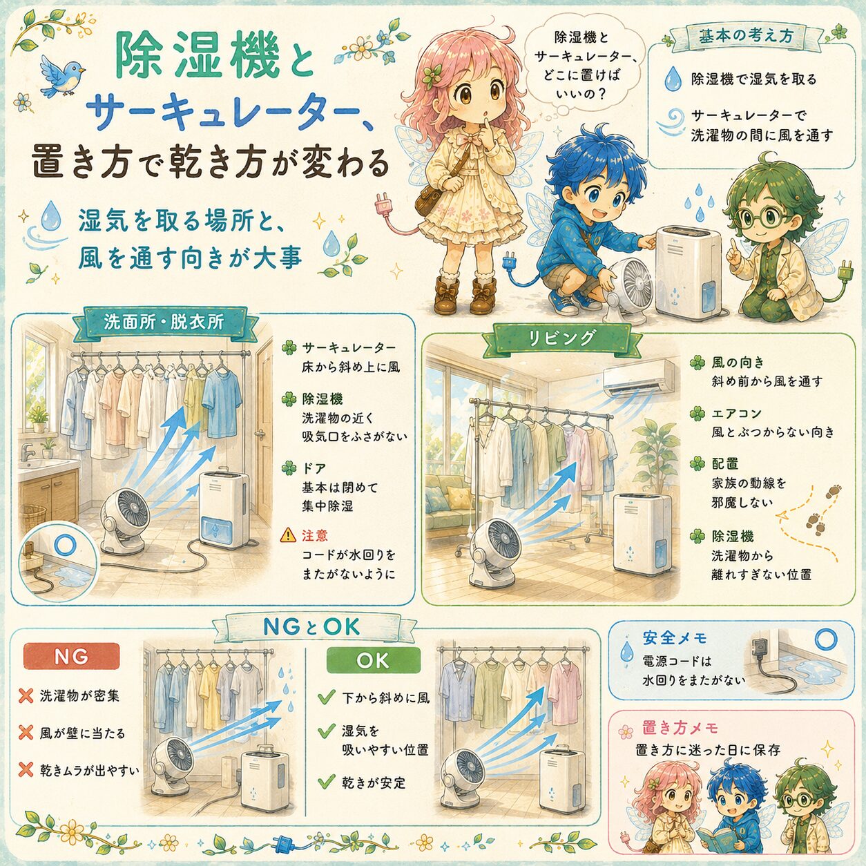 除湿機とサーキュレーターの置き方で部屋干しの乾き方が変わることを解説した、絵本風のInstagramインフォグラフィック。エレピットちゃん、エレピットくん、エレアプが洗濯物、除湿機、サーキュレーターの前で、除湿機で湿気を取り、サーキュレーターで洗濯物の間に風を通す基本を説明している。洗面所・脱衣所やリビングでの置き方、風の向き、NGとOKの配置、安全メモが、やさしい水彩タッチで見やすくまとめられている。