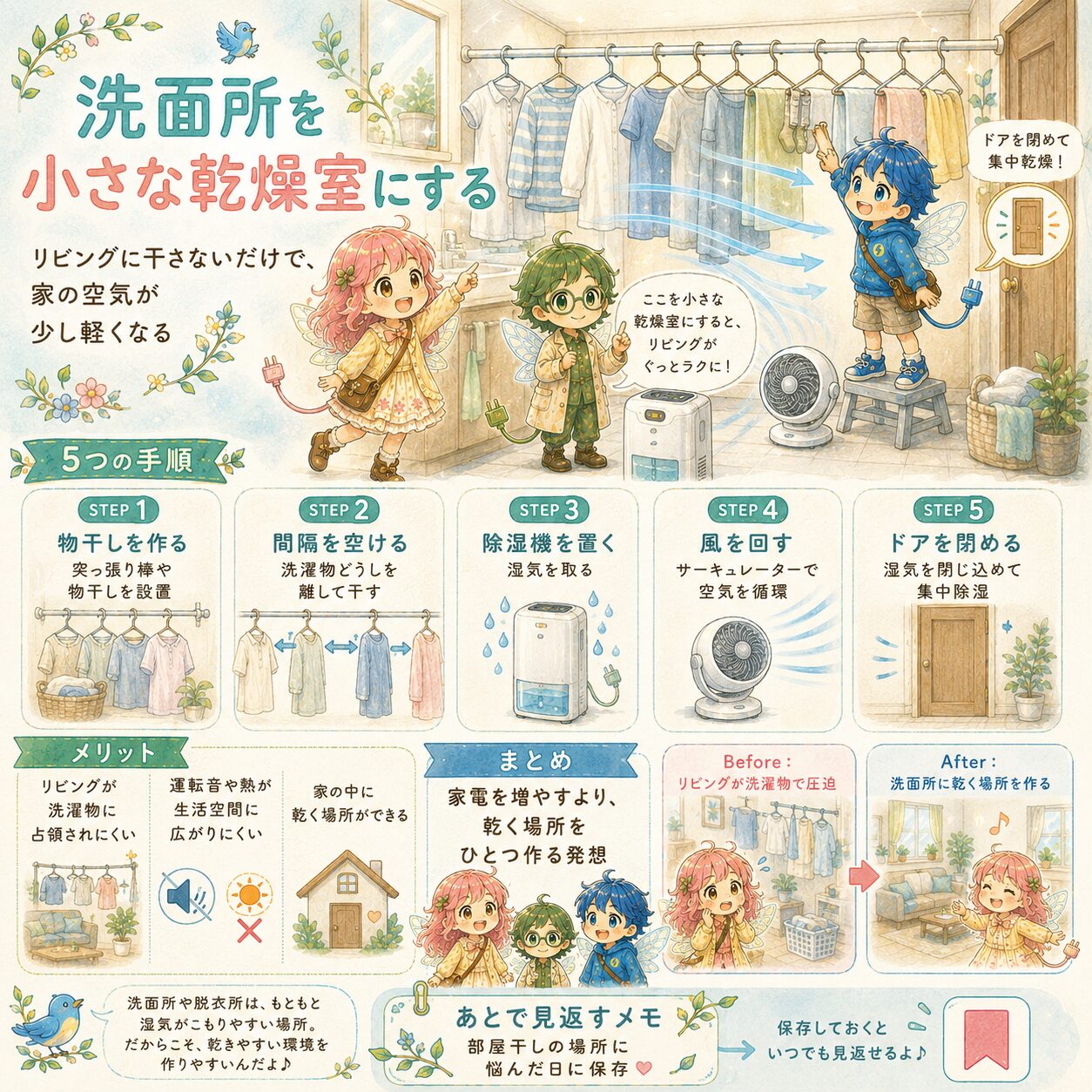 洗面所を小さな乾燥室にして部屋干しをラクにする手順を解説した、絵本風のInstagramインフォグラフィック。エレピットちゃん、エレピットくん、エレアプが洗濯物、除湿機、サーキュレーターの前で、物干しを作る、洗濯物の間隔を空ける、除湿機を置く、風を回す、ドアを閉めるという5つの手順を紹介している。リビングに干さず洗面所や脱衣所を乾く場所にすることで、家の空気が軽くなるメリットを、やさしい水彩タッチで見やすくまとめている。