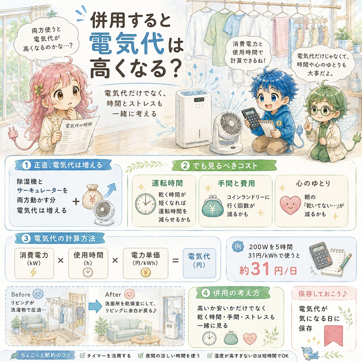 除湿機とサーキュレーターを併用したときの電気代を解説する、絵本風のInstagramインフォグラフィック。エレピットちゃん、エレピットくん、エレアプが、部屋干し中の洗濯物、除湿機、サーキュレーターを前に、電気代だけでなく乾く時間、手間、心のゆとりも一緒に考える大切さを伝えている。消費電力、使用時間、電力単価から電気代を計算する方法や、200Wを5時間使った場合の目安、洗面所を乾燥室にしてリビングに余白を作る考え方が、やさしい水彩タッチで見やすくまとめられている。