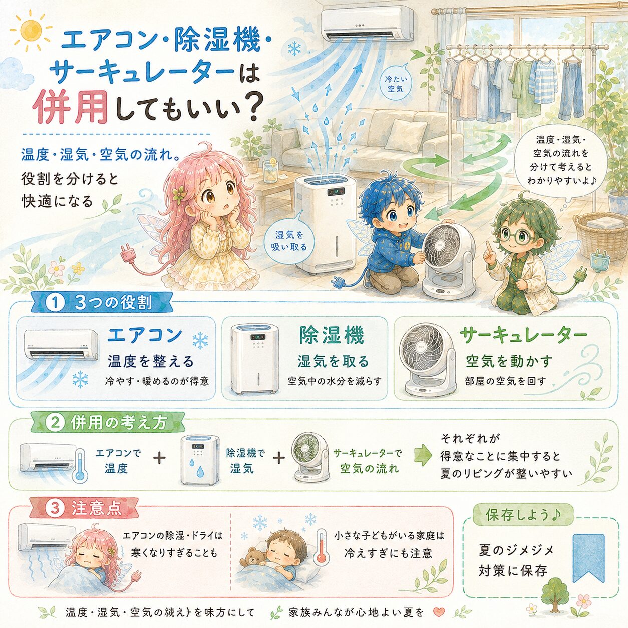 エアコン、除湿機、サーキュレーターを併用して夏の部屋干しや湿気対策をする考え方を解説した、絵本風のInstagramインフォグラフィック。エレピットちゃん、エレピットくん、エレアプがリビングの洗濯物、エアコン、除湿機、サーキュレーターの前で、エアコンは温度を整え、除湿機は湿気を取り、サーキュレーターは空気を動かす役割があることを説明している。温度・湿気・空気の流れを分けて考えると快適になりやすいことや、冷えすぎへの注意点を、やさしい水彩タッチで見やすくまとめている。