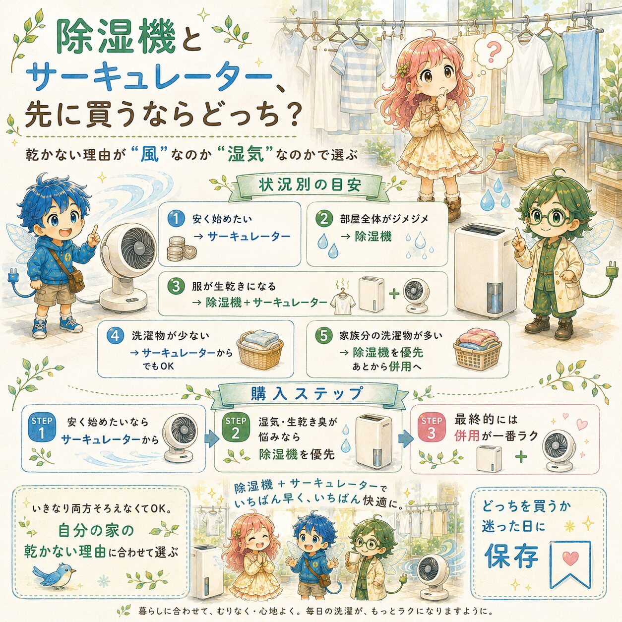除湿機とサーキュレーターを先に買うならどちらがよいかを、部屋干しの悩み別に解説した絵本風のInstagramインフォグラフィック。エレピットちゃん、エレピットくん、エレアプが洗濯物、除湿機、サーキュレーターの前で、乾かない理由が風なのか湿気なのかを考える大切さを伝えている。安く始めたい場合はサーキュレーター、部屋全体がジメジメする場合は除湿機、服の生乾きが気になる場合は併用がラクなど、家庭の状況に合わせた選び方をやさしい水彩タッチで見やすくまとめている。